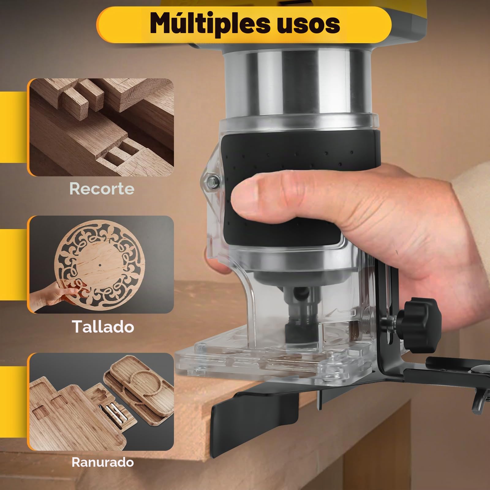 Fresadora con batería compatible con batería Dewalt de 20 V, 800 W, recortadora sin escobillas, router con 5 marchas, 30000 rpm, 5 unidades de 1/4 de cuello ranurado para carpintería, corte (sin