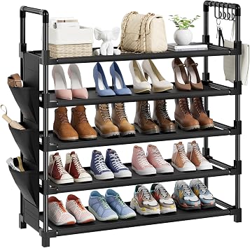 Mavivegue 5 Tier Metal Shoe Rack with 5 Hooks & 3 Side pockets, Space Saving Shoe Storage Fit 20-25 Pairs Shoe,For Closet, Entryway, Hallway, Dorm, Garage Black