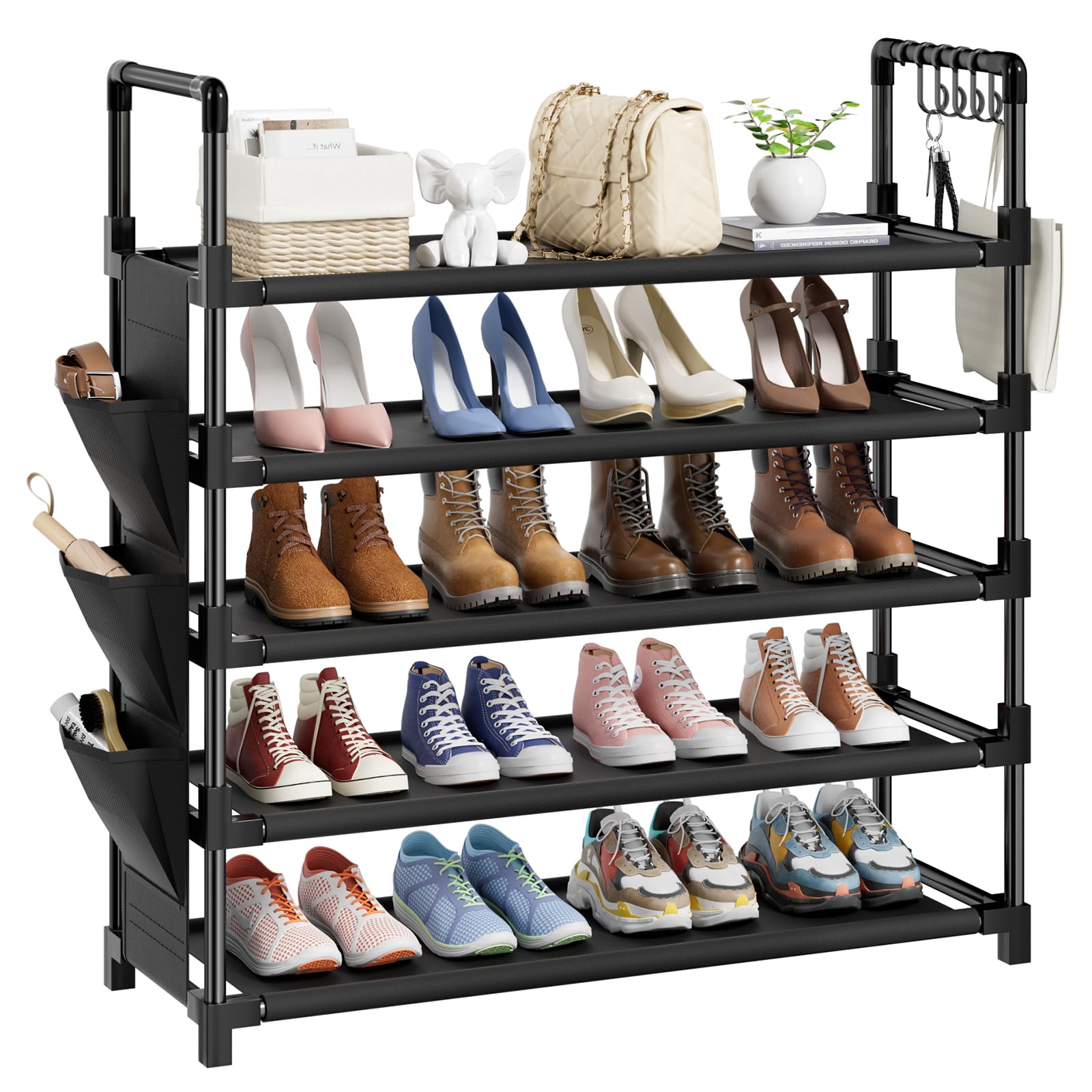 Mavivegue 5 Tier Metal Shoe Rack with 5 Hooks & 3 Side pockets, Space Saving Shoe Storage Fit 20-25 Pairs Shoe,For Closet, Entryway, Hallway, Dorm, Garage (Black)