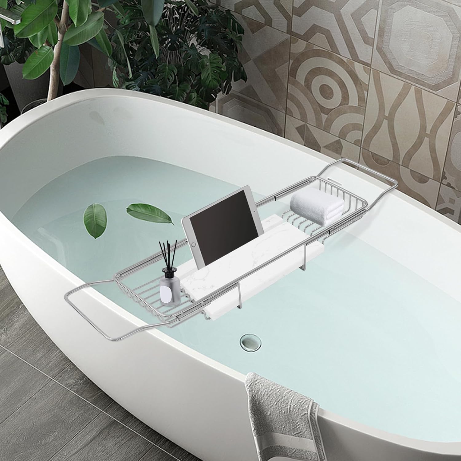 Expandable Bath Tub Tray Caddy Holder for Tablet Towel Bath Products Fit Bathtub or Kitchen Sink Luxury Bathtub