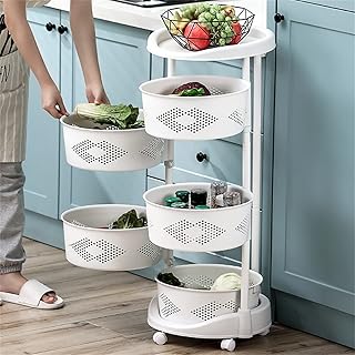 XUANIIIL Fruit Vegetable Basket Rack for Kitchen, 5 Tier Circular Rotating Basket Large Storage Rack with Wheels, Rolling Cart Storage Shelf Organizer for Kitchen, Home, Office (5 Layer)
