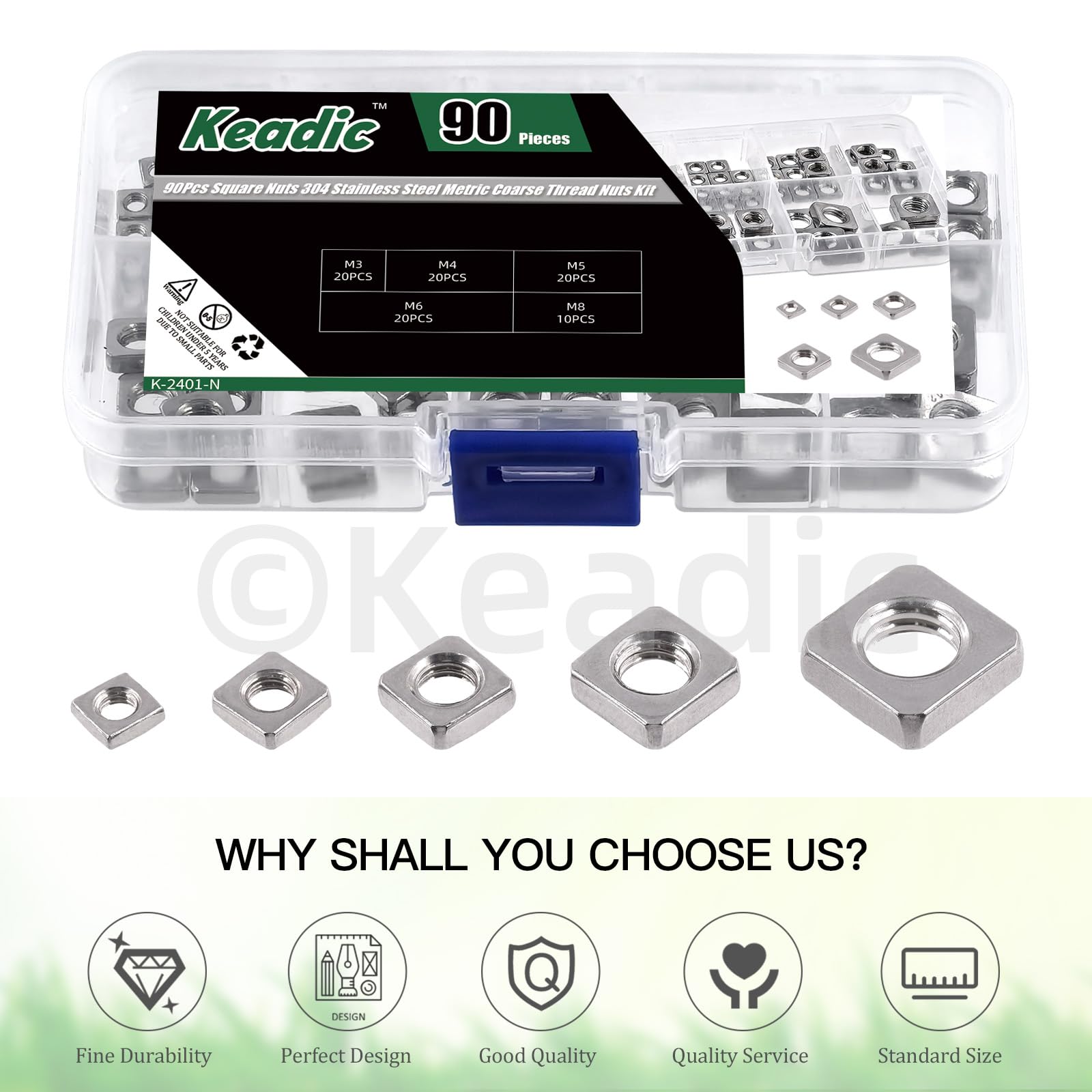 Keadic Set di 90 dadi quadrati in acciaio inox 304, M3 x 5,5 mm x 2 mm, M4 x 7 mm x 2 mm, M5 x 8 mm x 3 mm, M6 x 10 mm x 3 mm, M8 x 13 mm x 4 mm, filettatura grossa per mobili, apparecchi elettrici