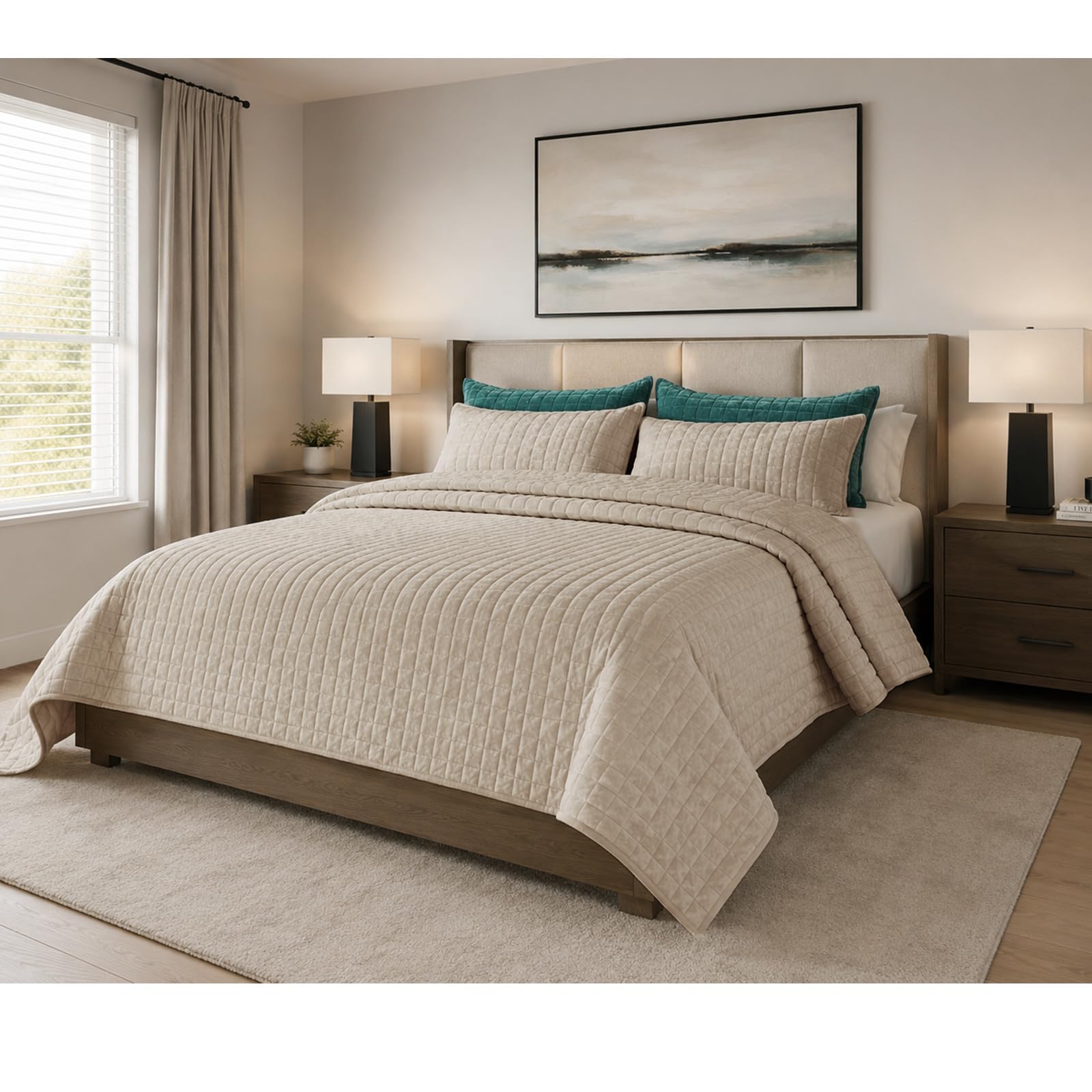 Luxurious Velvet King Quilt Set - Beige -5