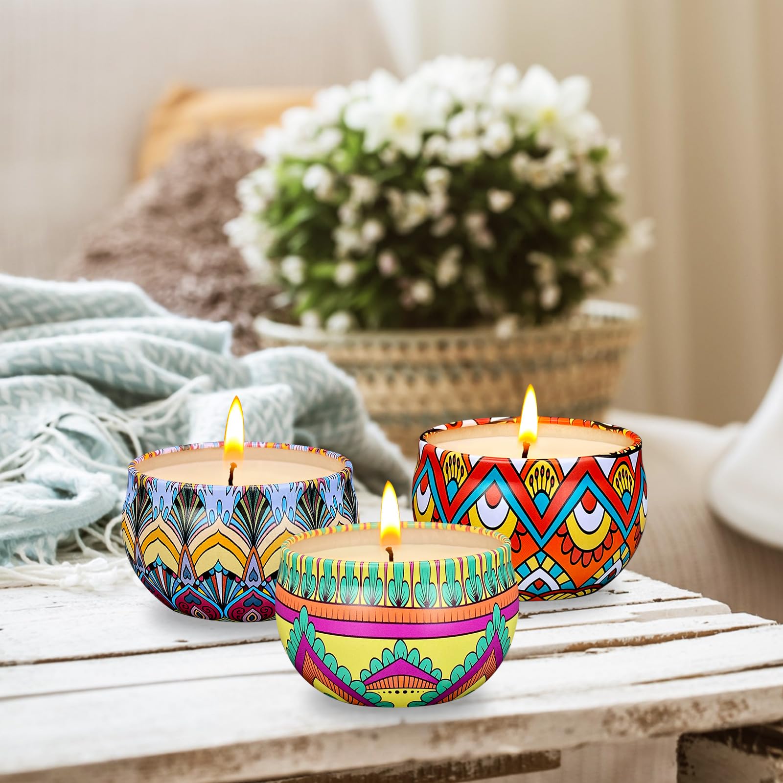 Juego de 48 velas aromáticas pequeñas de cera de soja, velas de aromaterapia de 2.5 onzas, velas de lata portátiles con tapa, cesta de regalo de relajación para madre, mujeres, amigos y compañeros de