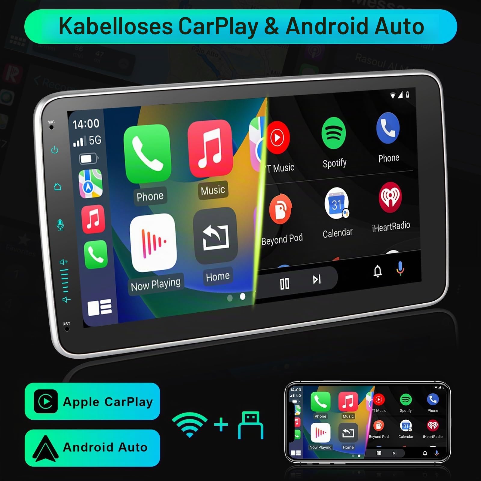 Android DAB Autoradio 1Din Wireless CarPlay Android Auto, 10.1 Zoll Bildschirm 8 Core 2G+32G Car Play Touch Display Bluetooth WiFi 4G GPS DSP AM/FM RDS Auto Radio mit Rückfahrkamera 1 din DAB+