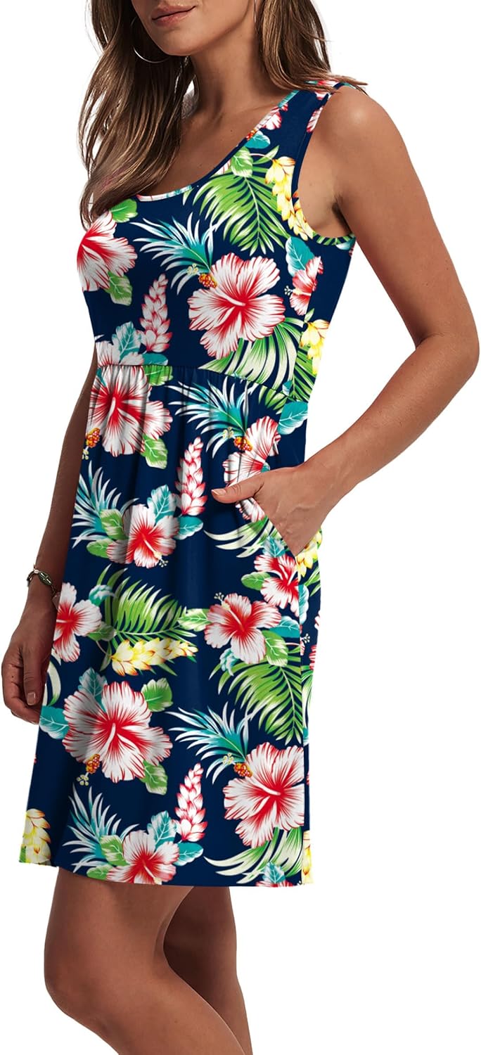 WIHOLL Women's Summer Dress 2026 A-Line Sleeveless Casual Sundress with Pockets Floral/Solid thumbnail