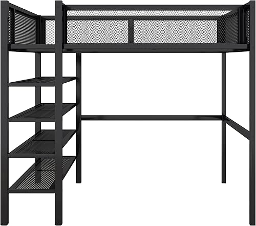 Miniatura 8 de CITYLIGHT Base de cama tipo loft de tamaño matrimonial con estantes de almacenamiento de 4 niveles, camas altas de metal resistente con escaleras y