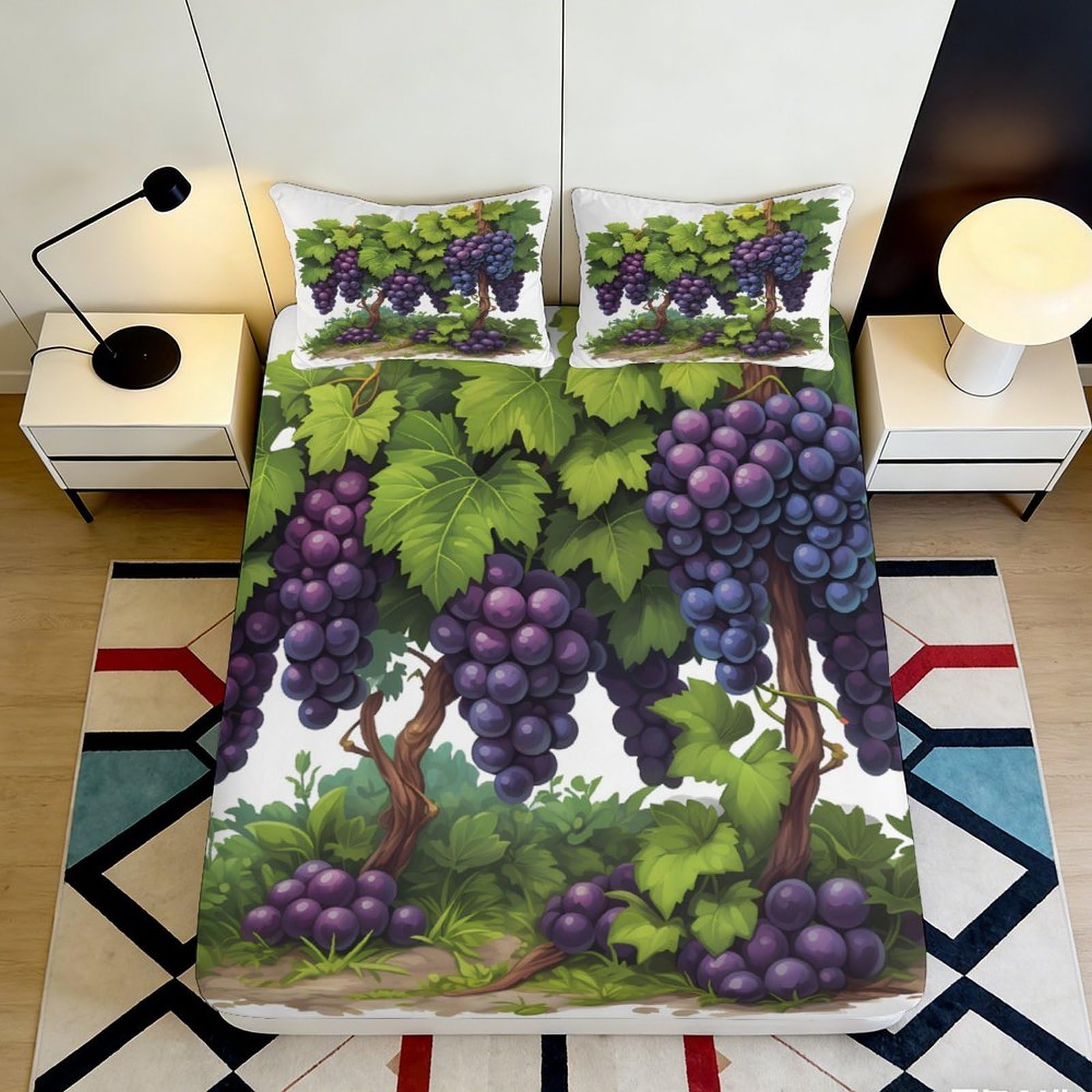 3D Printed Grapevine Vineyard Fitted Sheet Microfiber Soft Purple Grape Mattress Cover Bedroom Decor for All Ages 200x200x25cm
