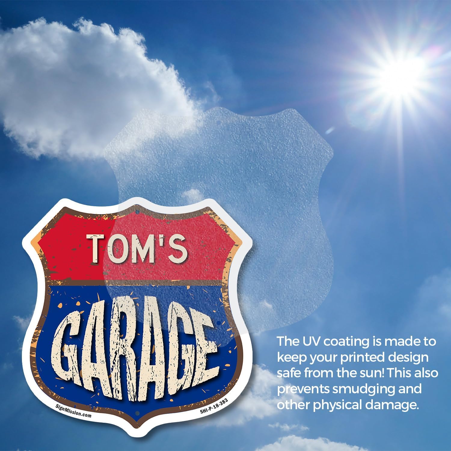 Tom's Garage 6 inch X 6 inch Shield Shaped Commercial Grade Plastic Sign Weather Resistant, UV Protected To last, Gift for Dads and Uncles Classic Americana Crafted in the USA image 5