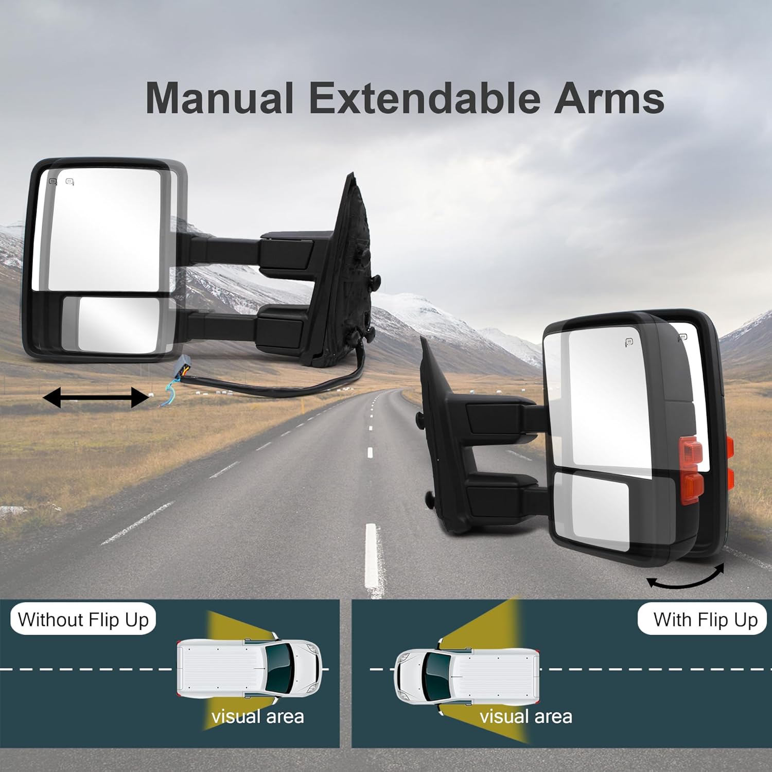 Passenger Right Side Towing Mirrors fit for 1999-2016 Ford F250 F350 F450 F-550 Super Duty Power Heated Amber LED Turn Signal Lamp Auxiliary Light Temperature Sensor Pickup Truck RH Black