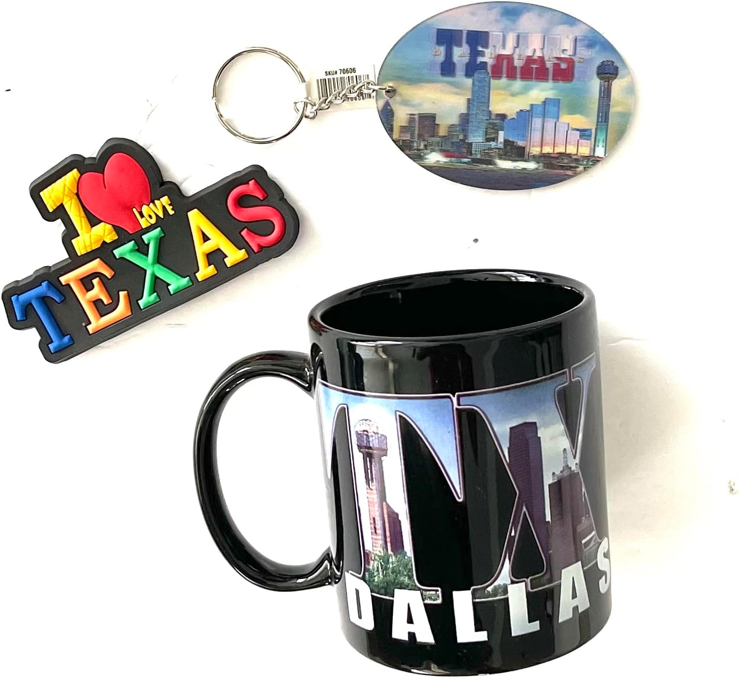 Dallas Texas Souvenir Coffee Mug Dallas Keychain and I Love Texas Magnet