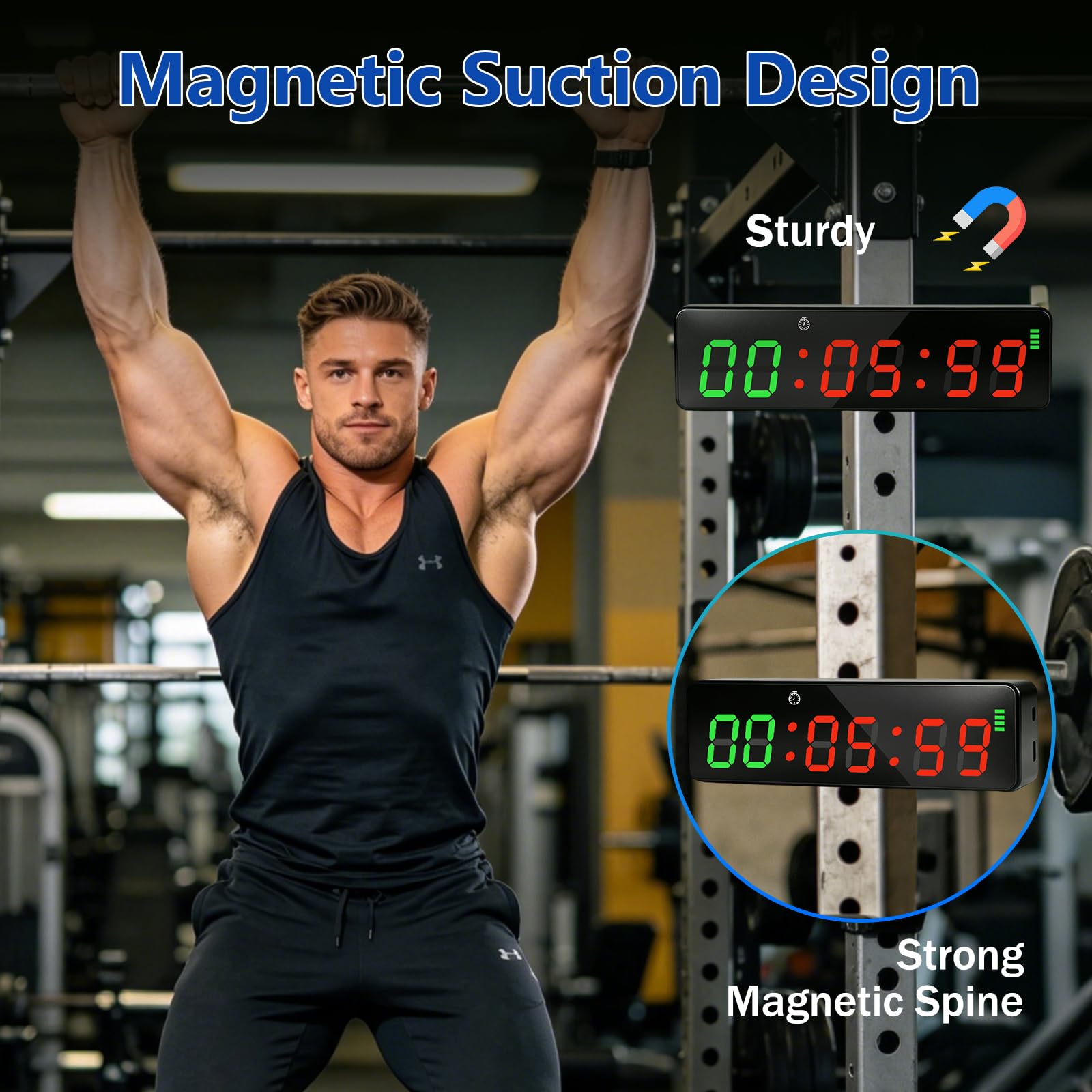 Timer Palestra LED Magnetico Ricaricabile, Cronometro Digitale Countdown/Count Up, 5 Livelli Luminosità per HIIT TABATA EMOM