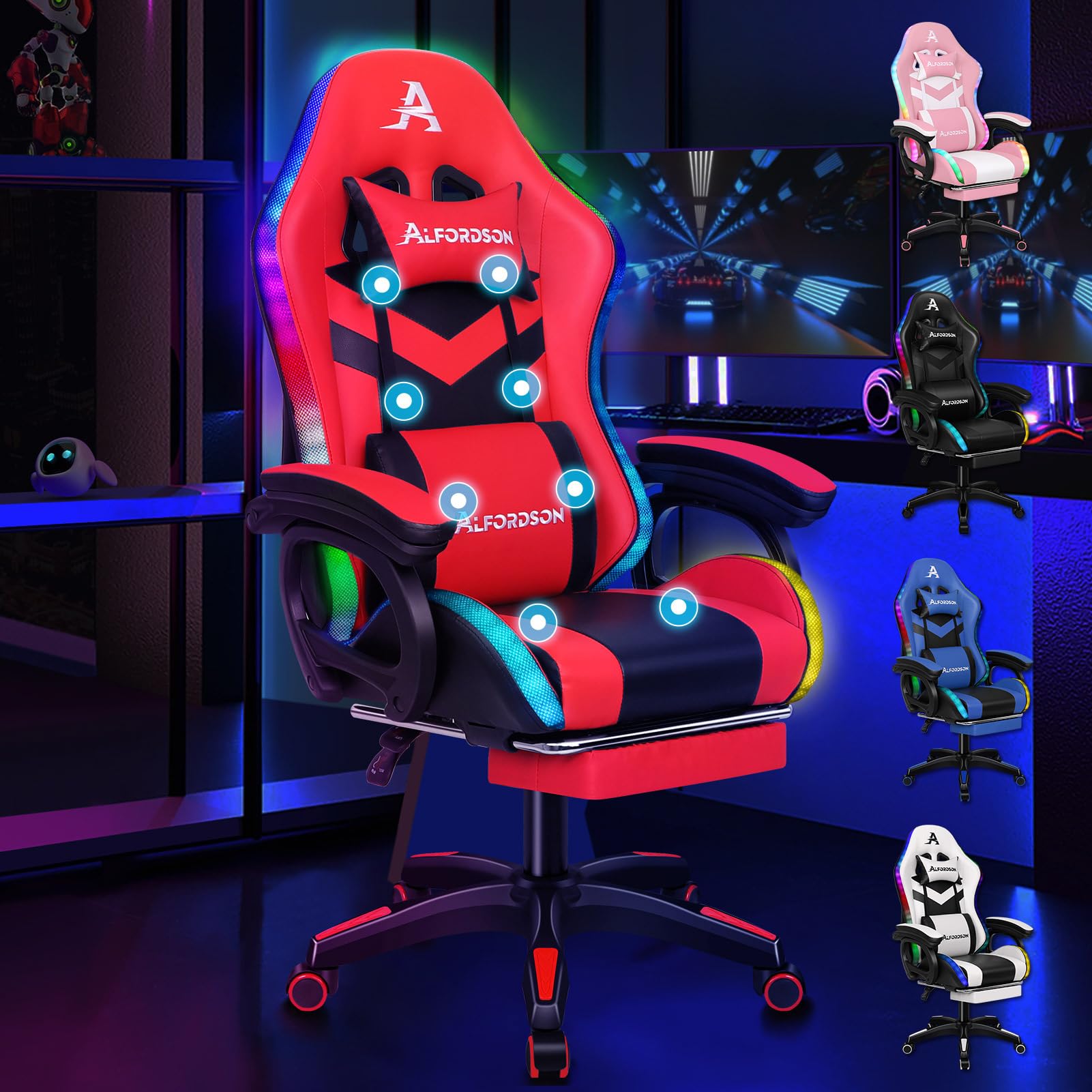 ALFORDSON Sedia da Gaming con LED, Sedia Gamer con Massaggio a 8 Punti, Sedia da gioco ergonomica con Illuminazione RGB con Supporto Lombare e Poggiatesta, Altezza Regolabile, Rosso
