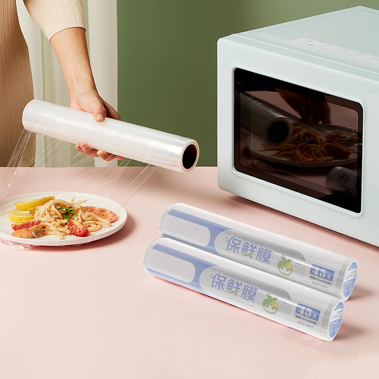 Pe Foodservice Cling Film Roll 2pcs 25cm X 45m Disposable Food Wrap with Slide Cutter, Bulk Kitchen Wrap for Food Storage and Preservation