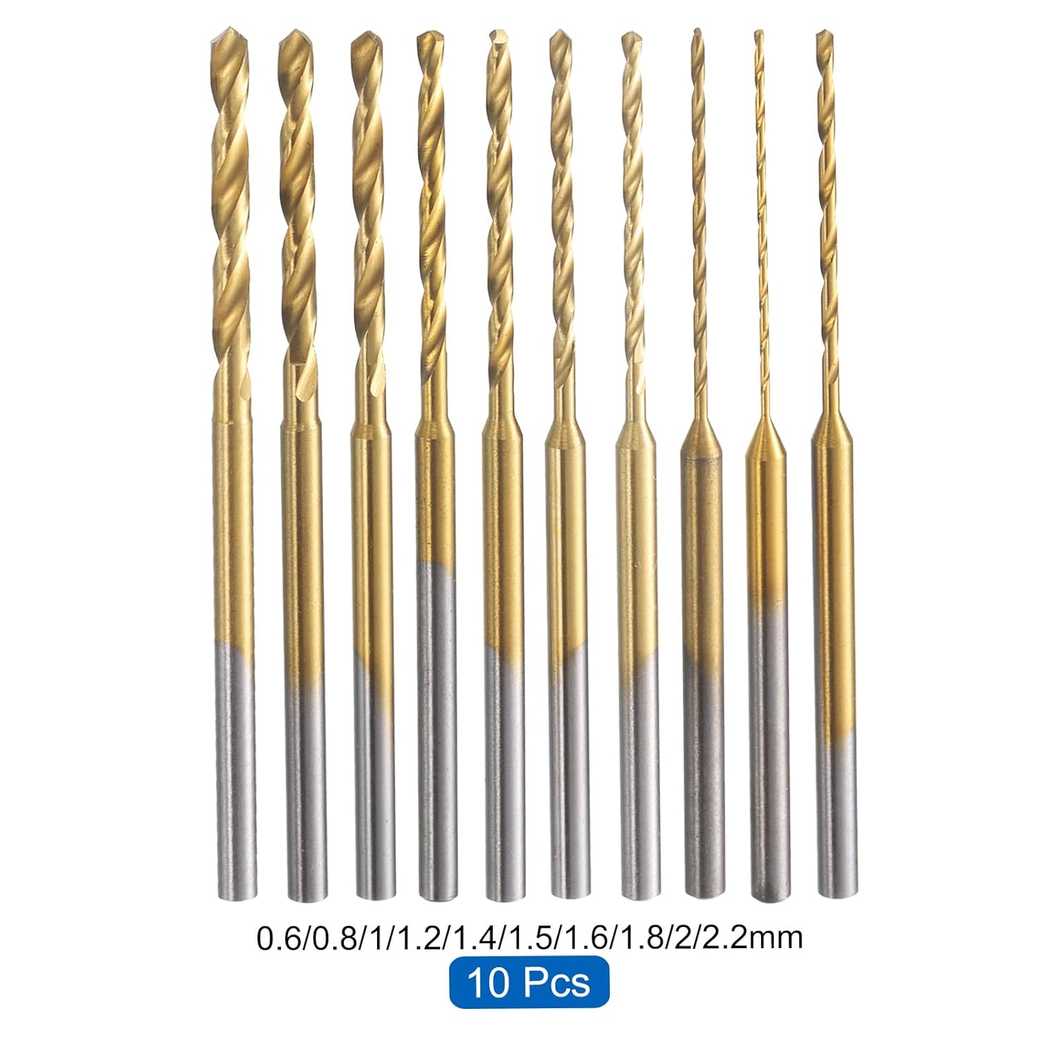 uxcell 10Pcs Mini Twist Drill Bit Set 0.6/0.8/1/1.2/1.4/1.5/1.6/1.8/2/2.2mm Dia Micro Engraving Drill Bits, High-Speed Steel 2.35mm Shank Titanium Coated for DIY Resin, Wood, Amber