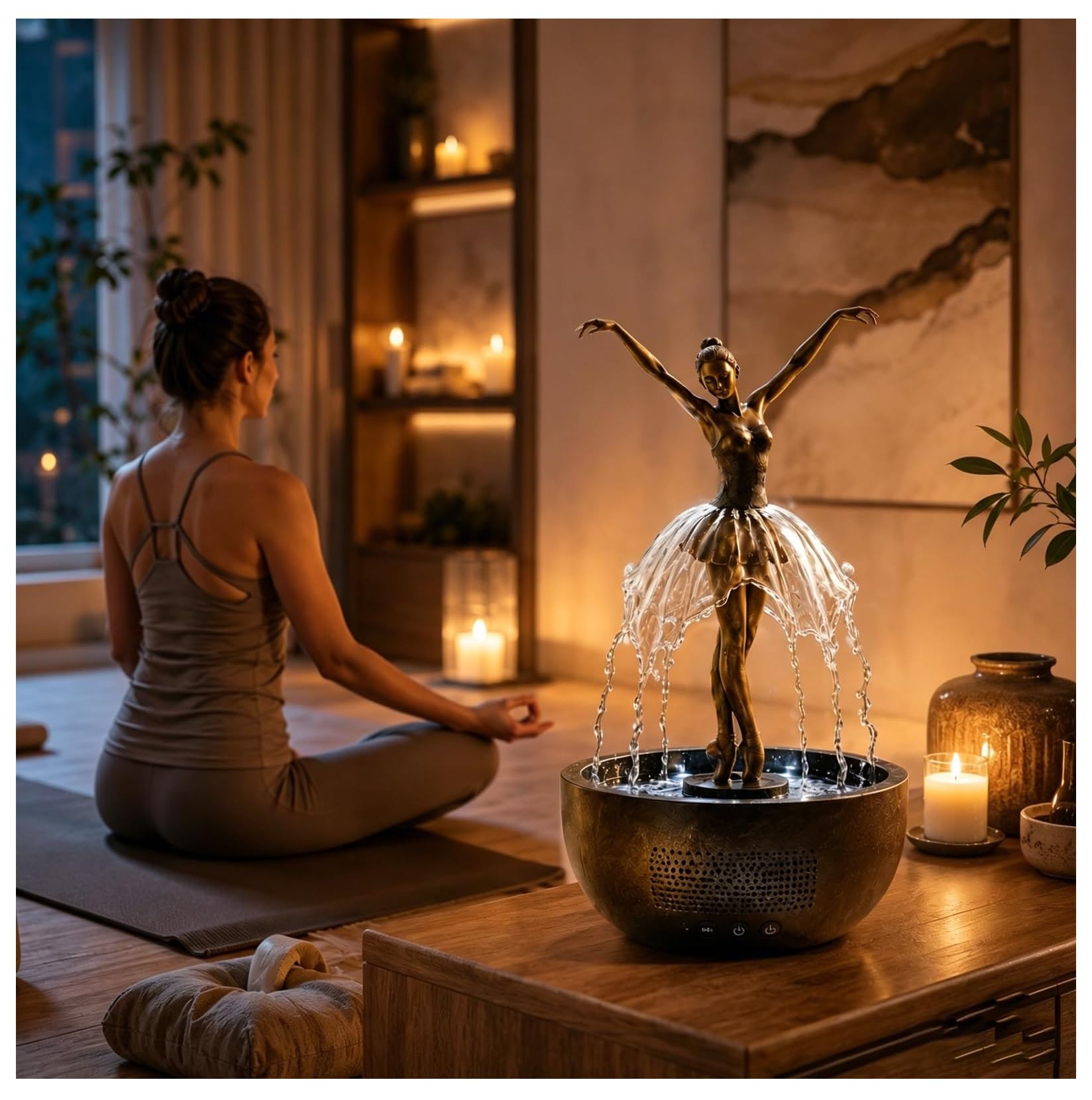 Fontana con altoparlante Bluetooth con luce LED, scultura artistica di ballerina, musica rilassante e acqua fluente, per casa, ufficio, camera da letto, decorazione relax