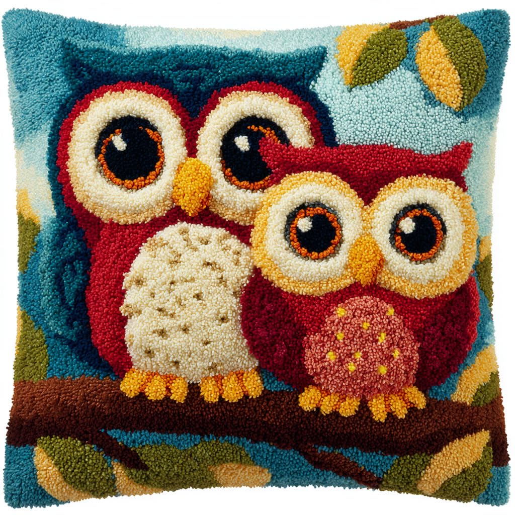 Taxpy DIY Latch Hook Pillow Cover Kits, Animal Owl Stamped Handamade Pillowcase Crochet Yarn Hook and Latch Emboridery Throw Pillow 43x43cm