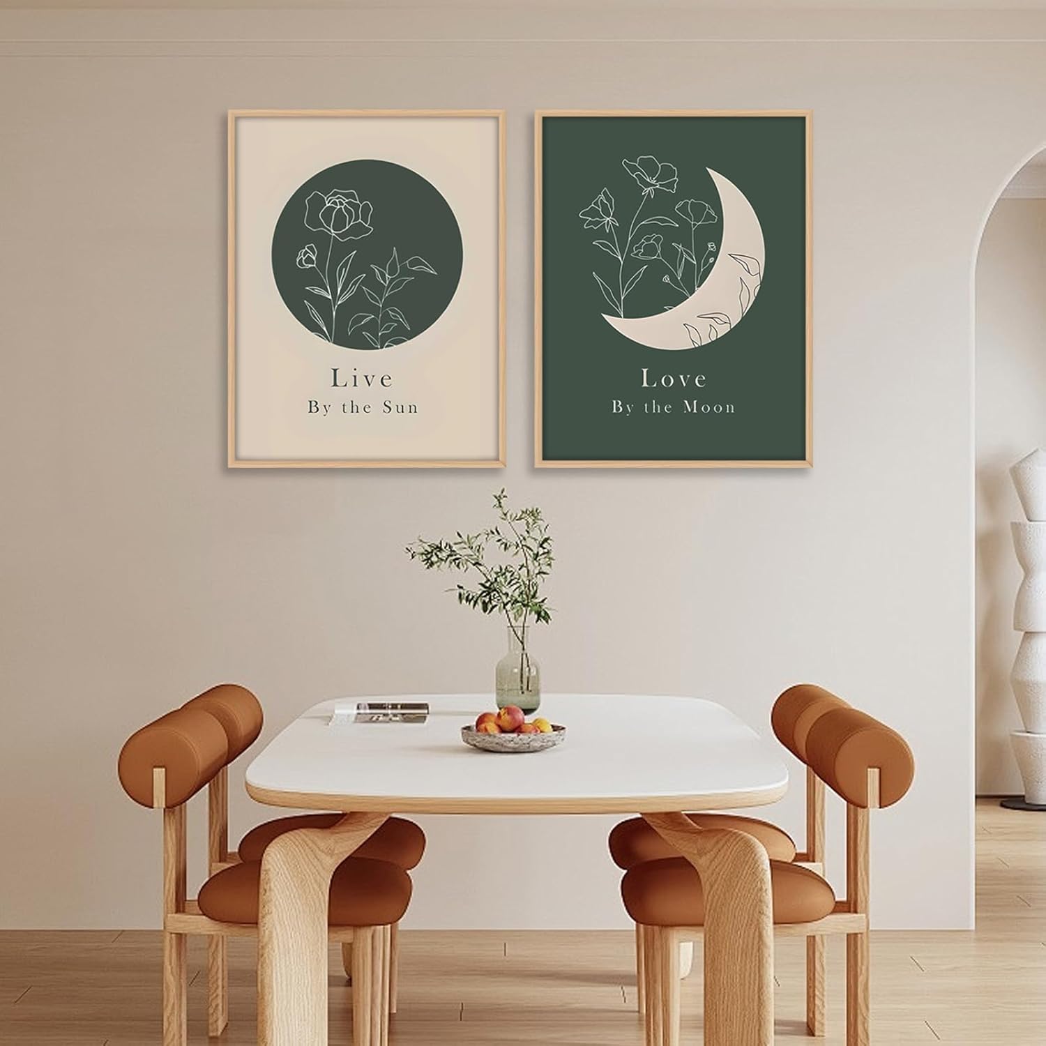 Framed Green Boho Sun and Moon Wall Art Set of 2 for Bedroom Modern Abstract Line Art Canvas Prints Motivational Quotes Picture Wall Decor Minimalist Bohemian Paintings for Living Room16x24Inches