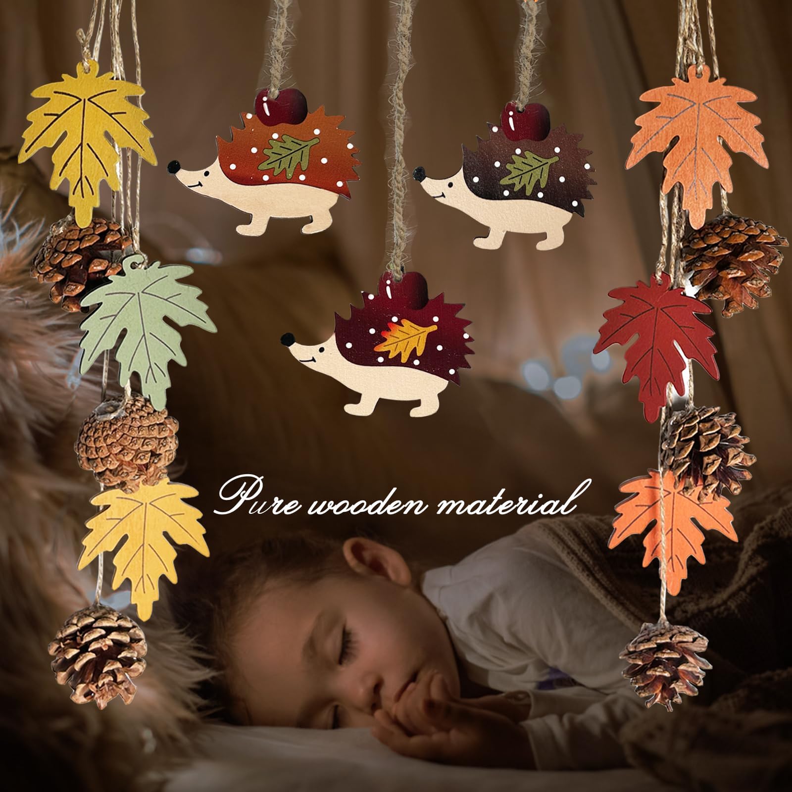 HILKKET Herbst Dekoration, Holz Deko Hänger, 7cm Autumn Decor, Ahornblatt Kiefernzapfen Pilz Blätter Igel, Fenster Deko Hängen für Erntedankfest, Herbstdeko Draußen Innen