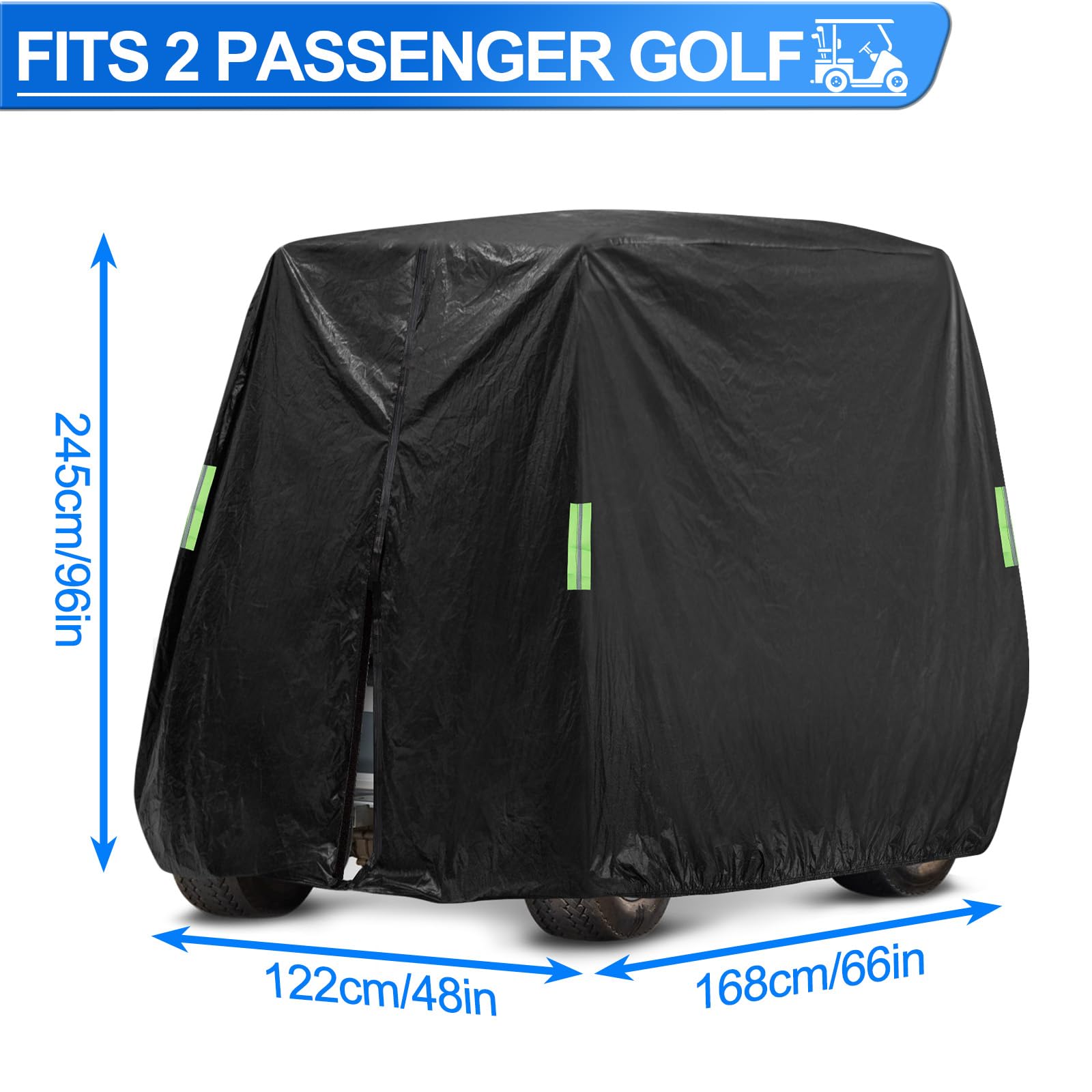 SPORTYOUTH Golf Cart Cover 2 Passenger, 300D Fabric with Reflective Strips Universal Fits EZ GO, Club Car, Yamaha, Honda, Black Sunproof Anti-Dust Waterproof Heavy Duty Golfcart Cover