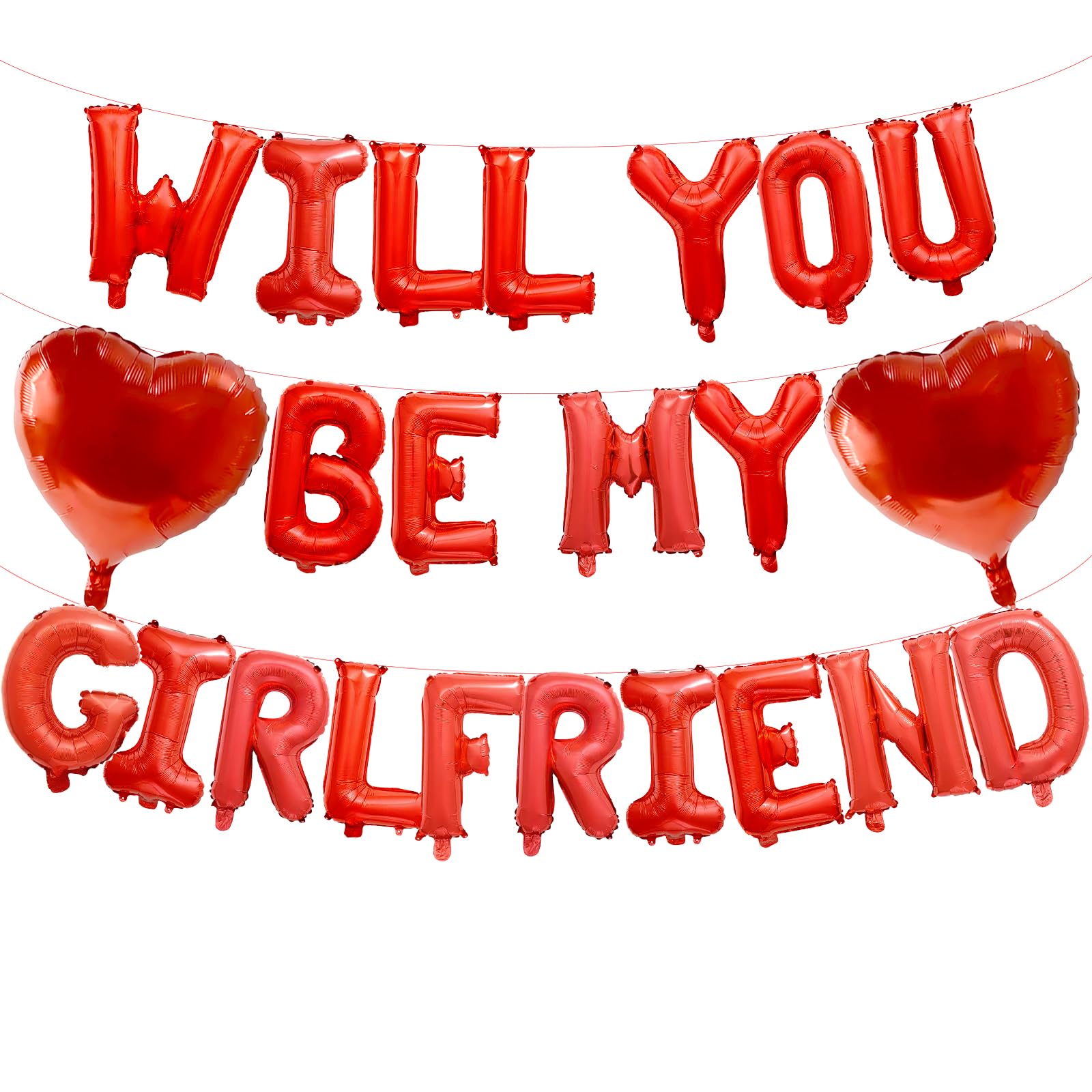 16 Inches Red 'WILL YOU BE MY GIRLFRIEND' Balloons Banner - Mylar Proposal Letter Balloons with 2 Heart Shaped Foil Balloons for Romantic Decorations, Engagements, Anniversaries, Valentines Day Decor