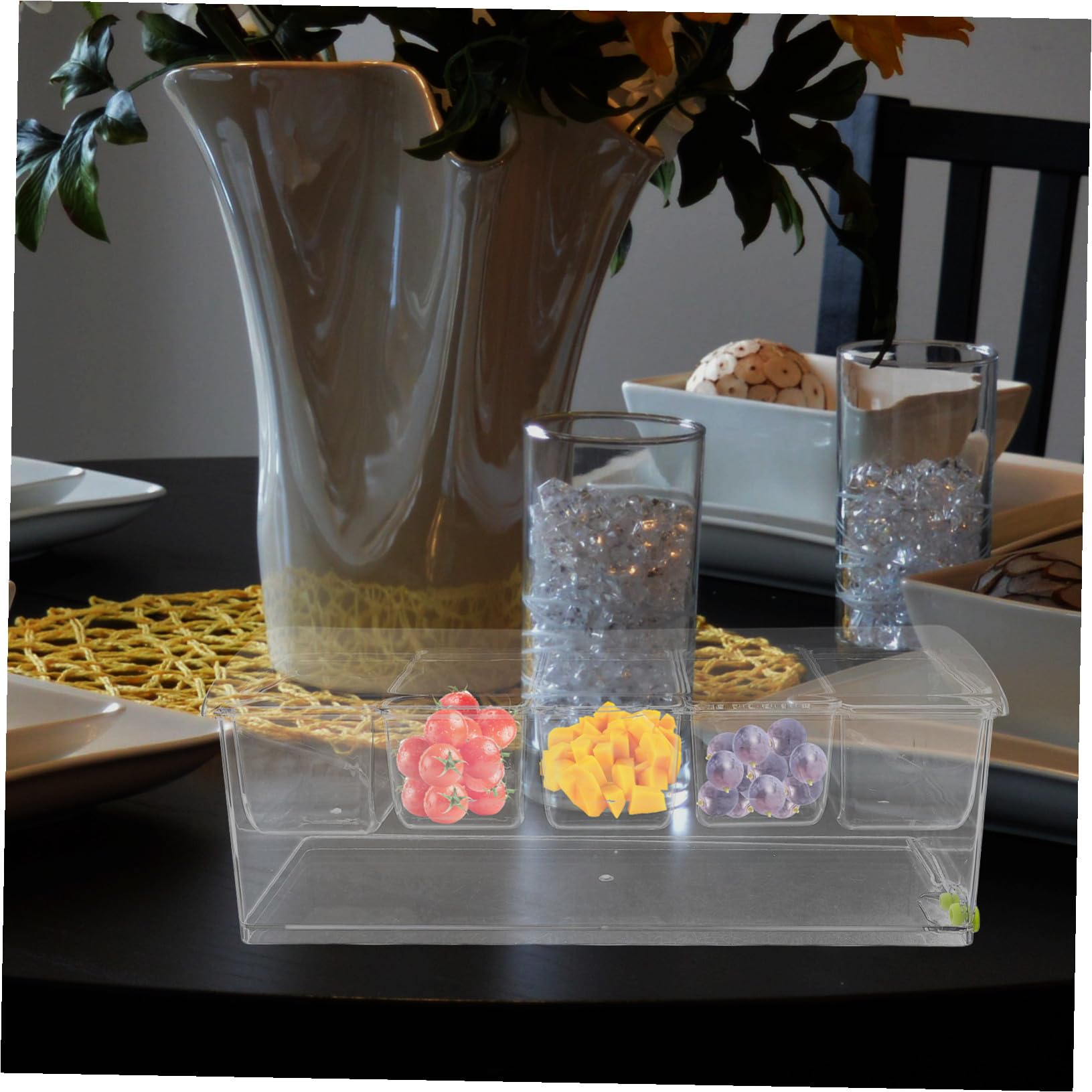OUNONA Plateau à Condiments Réfrigéré avec Couvercle Plateau Plastique Compartiments Distributeur Froid pour Bar à Garnitures Fruits et Légumes Buffet Froid Service Traiteur