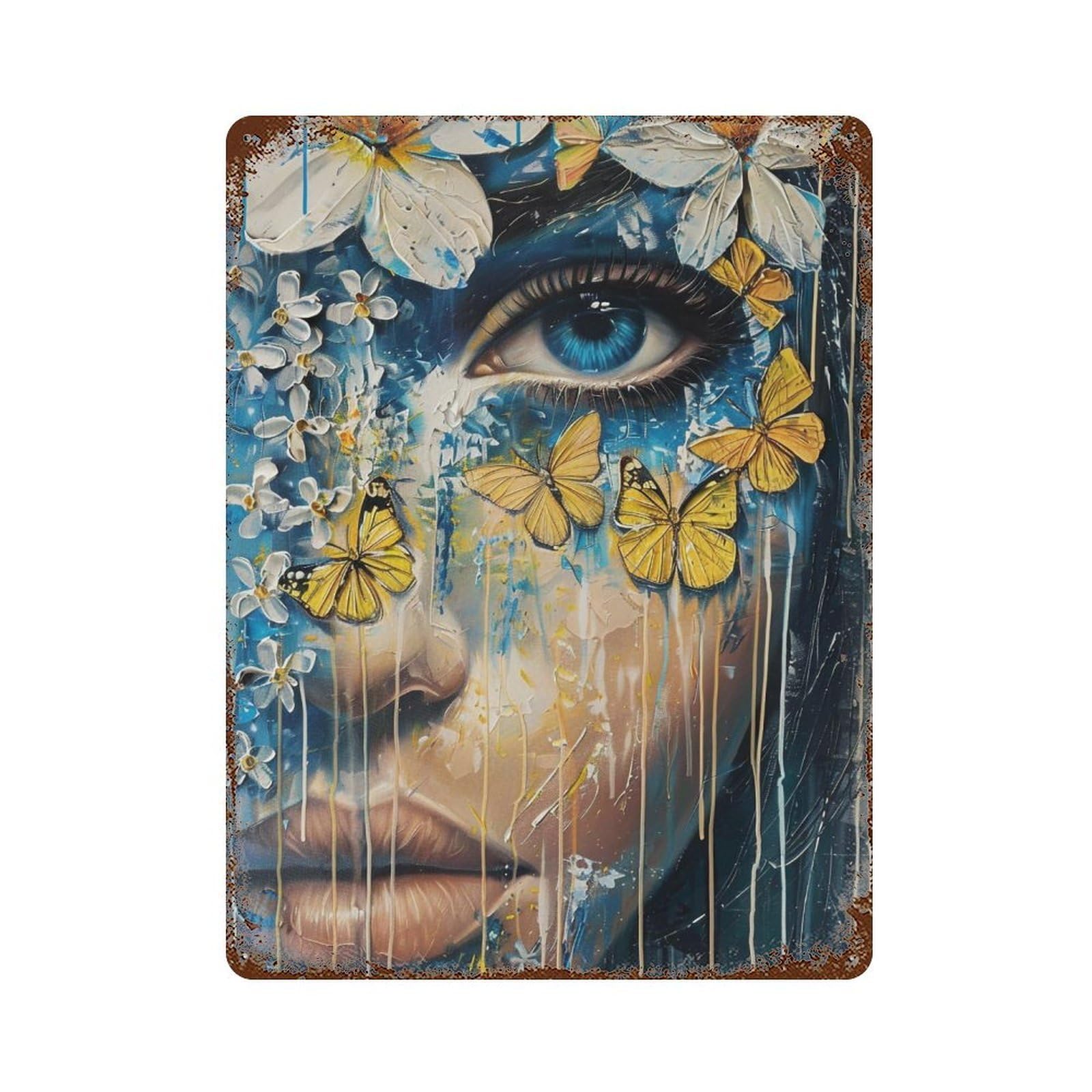YHGERTKU Blue Eye Floral Butterfly Woman Surreal 02 Wall Art Retro Iron Vintage Metal Tin Sign Poster Modern Decor for Living Rooms Gift 40x30cm