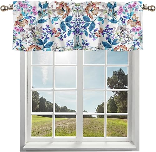 Anzona Cenefa de cortina de 42 x 12 pulgadas, cenefas de ventana de flores coloridas con bolsillo para barra, cortinas de acuarela floral botánica