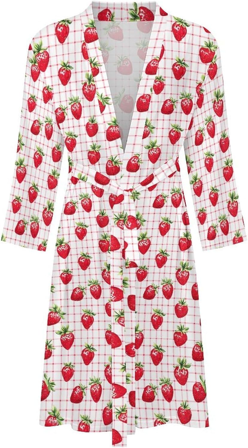 Gingham Pattern Strawberry Mens Robe Long Bathrobe for Women Bath Robes Lightweight Soft Printed Sleepwear