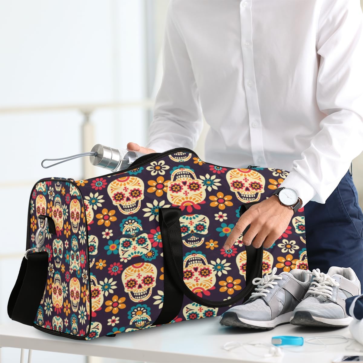 Interesting Flower Skulls Travel Duffel Bag for Women Men Large Capacity Overnight Weekender Bags for Lightweight Waterproof Sport Gym Bag for Workout Yoga Swim