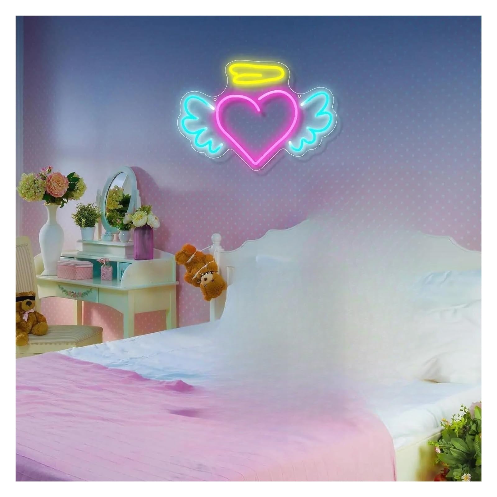 Señal de luz de neón Lámpara regulable con forma de corazón y alas ángel para letrero neón