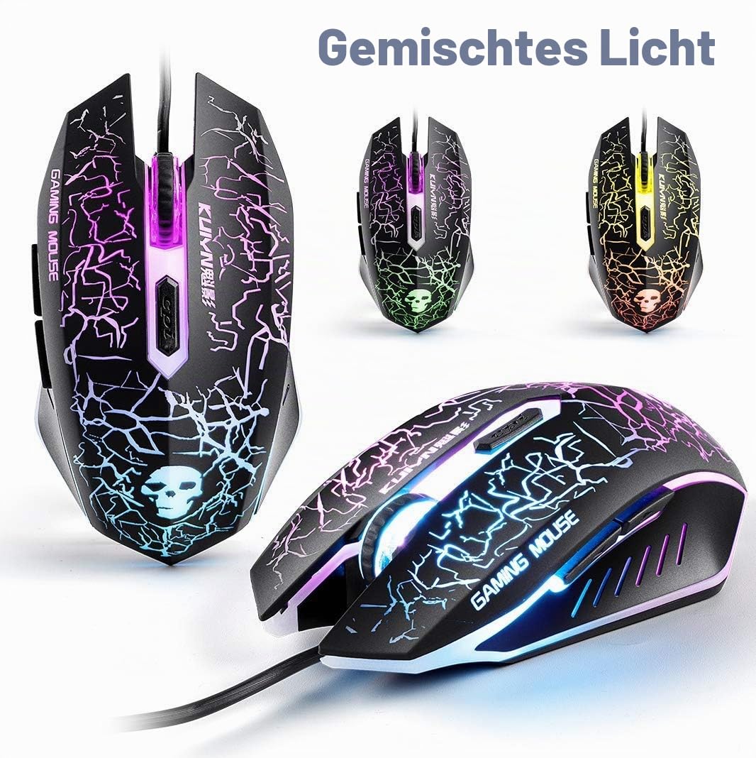 Set aus Tastatur und Maus, UK-Layout, ergonomische Gaming-Tastatur mit Regenbogen-Hintergrundbeleuchtung + 2400 DPI 6 optische Tasten, Gaming-Maus USB, Rainbow LED + kostenloses Mauspad