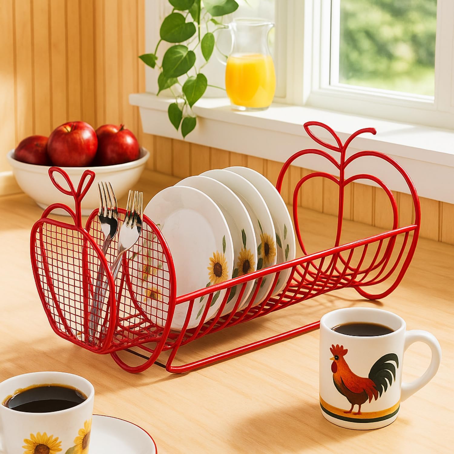 Jumbl Expandable Dish Drying Rack – Apple Decor Metal Dish Drainer with Utensil Holder, Adjustable 14"–27", Rust-Proof Countertop Dish Strainer for Kitchen Sink, RV, or Outdoor Use