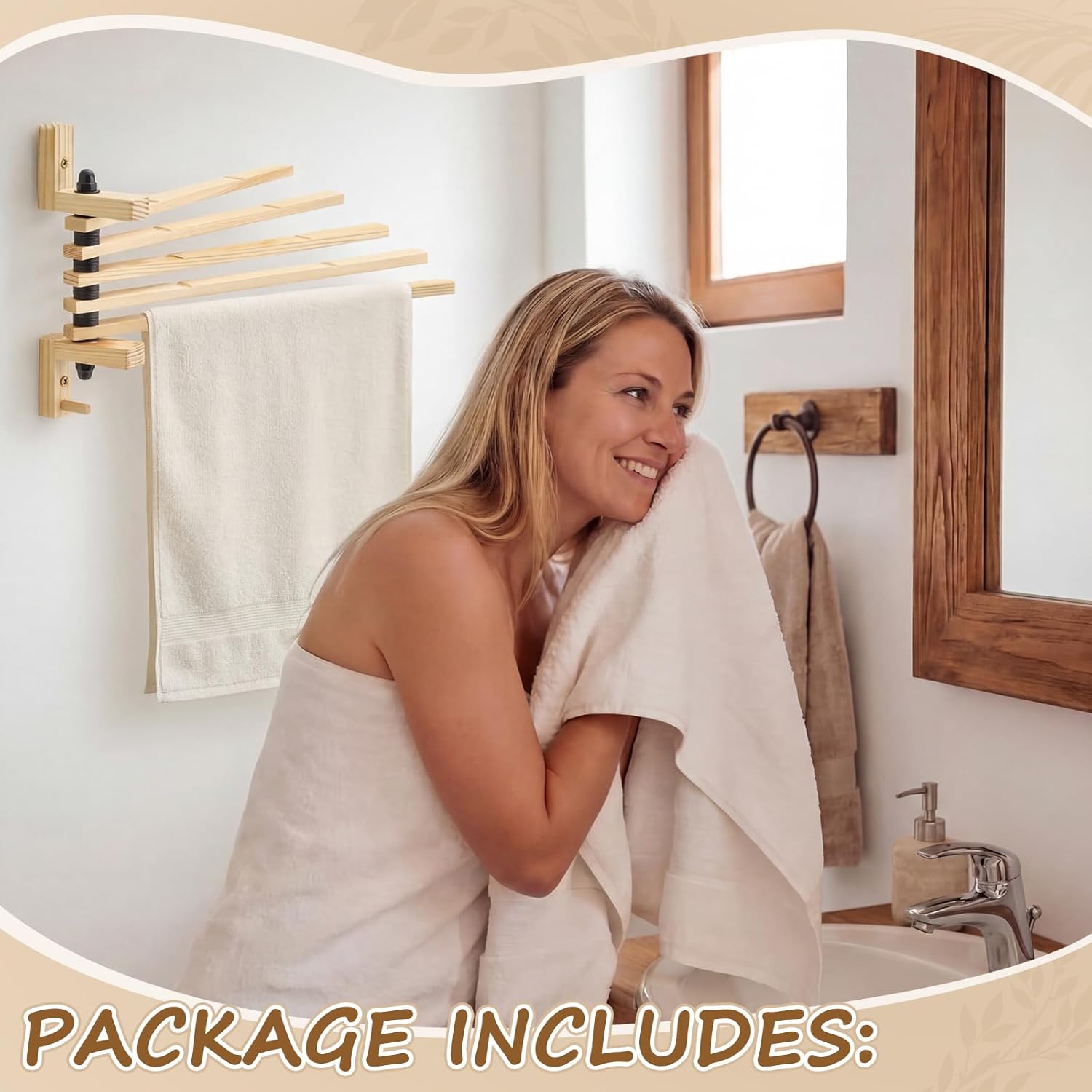 Wood Swivel Towel Rack, 13" Wall Mounted Foldable Drying Rack with 5 Anti-Slip Arms, Space Saving Towel Holder for Bathroom Laundry Room Closet, Pine Wood Hanger