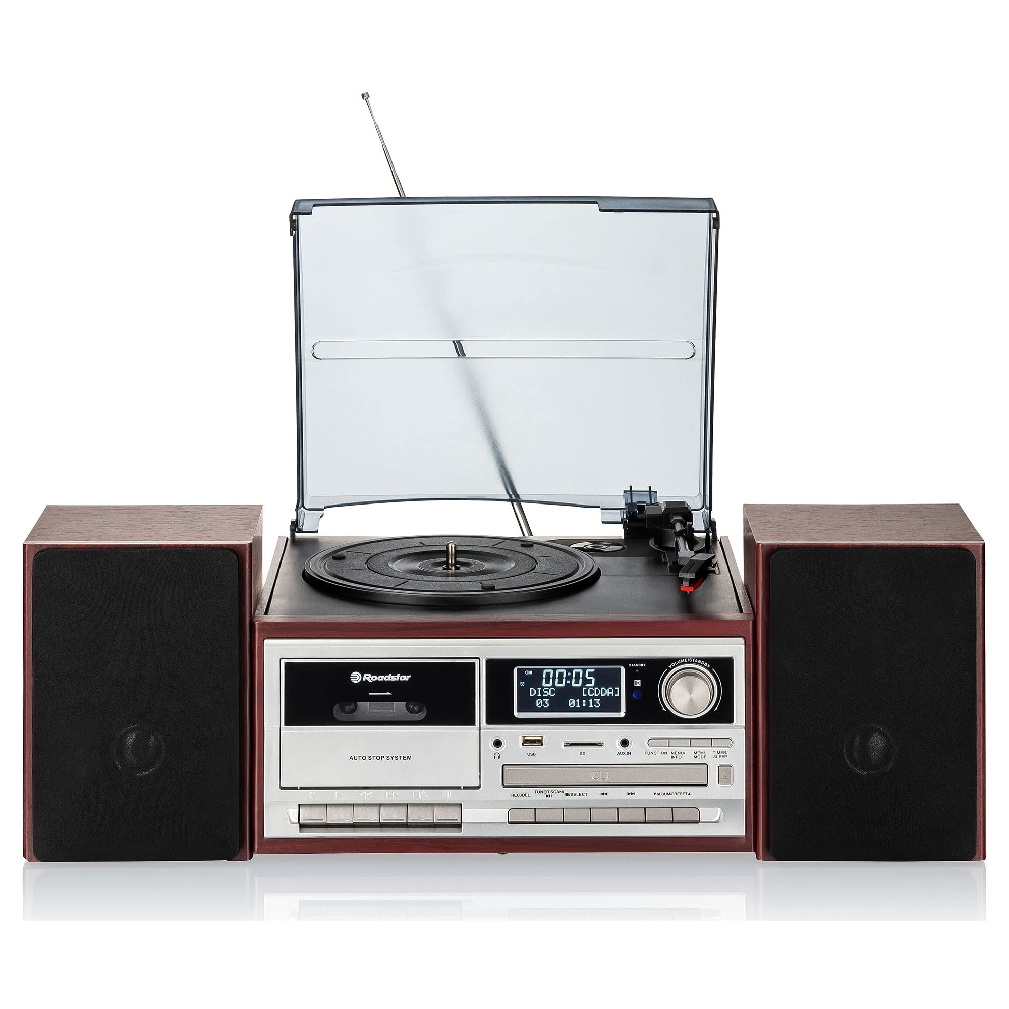 Roadstar HIF-8892D+BT Mini Impianto Stereo Hi-Fi Giradischi 3 Velocità Giri 33/45/78, Radio DAB/DAB+/FM, Lettore CD/CDR/CDRW/CD-MP3, Cassette, Bluetooth, USB/Scheda SD, Telecomando, Legno