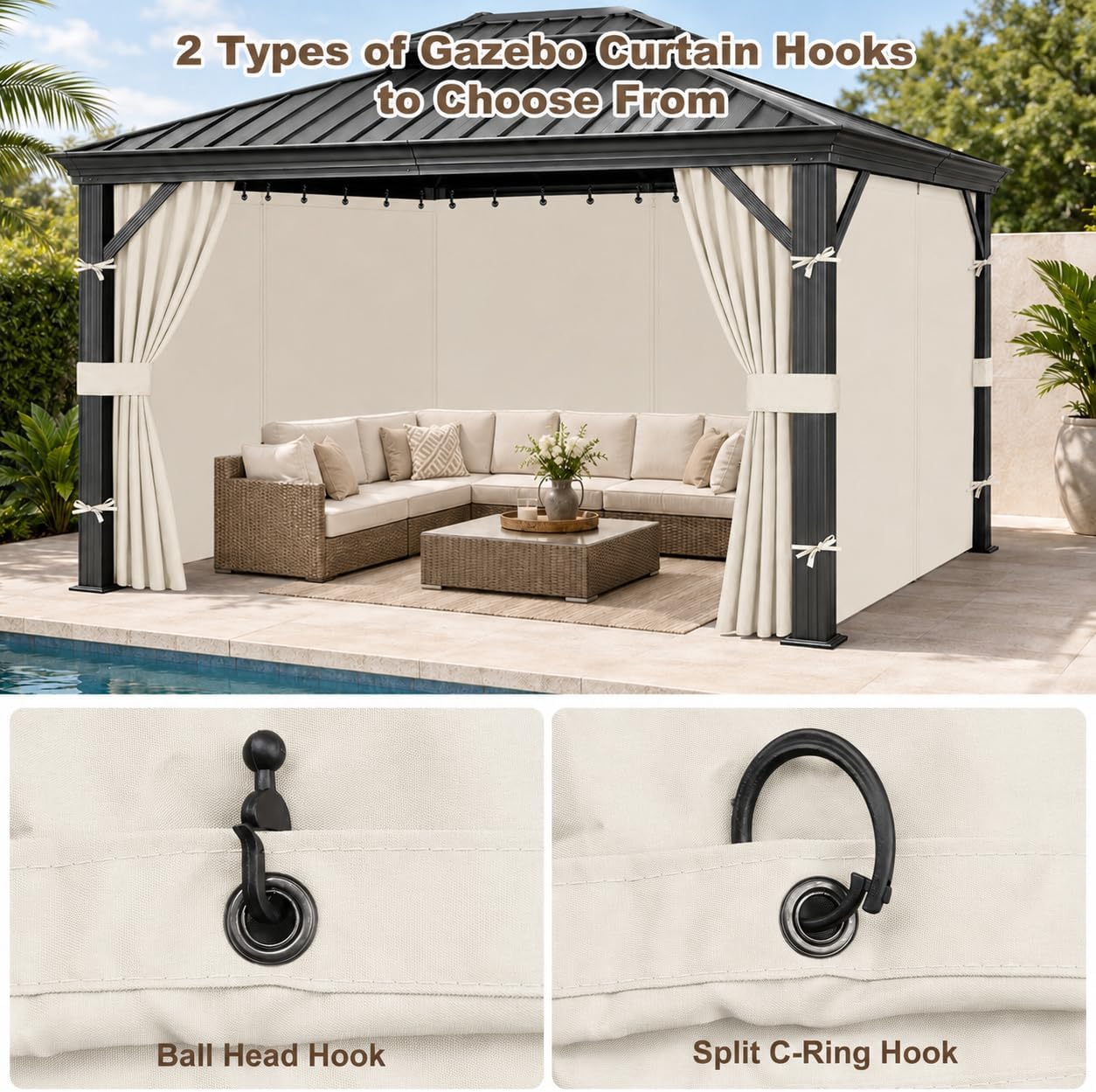 10x10 Gazebo Curtains, 4-Panels Gazebo Replacement Curtains with Zipper & Hooks, Outdoor Waterproof Sidewalls for Patio, Pergola, Yard, Garden(Beige, 10'×10') image 5
