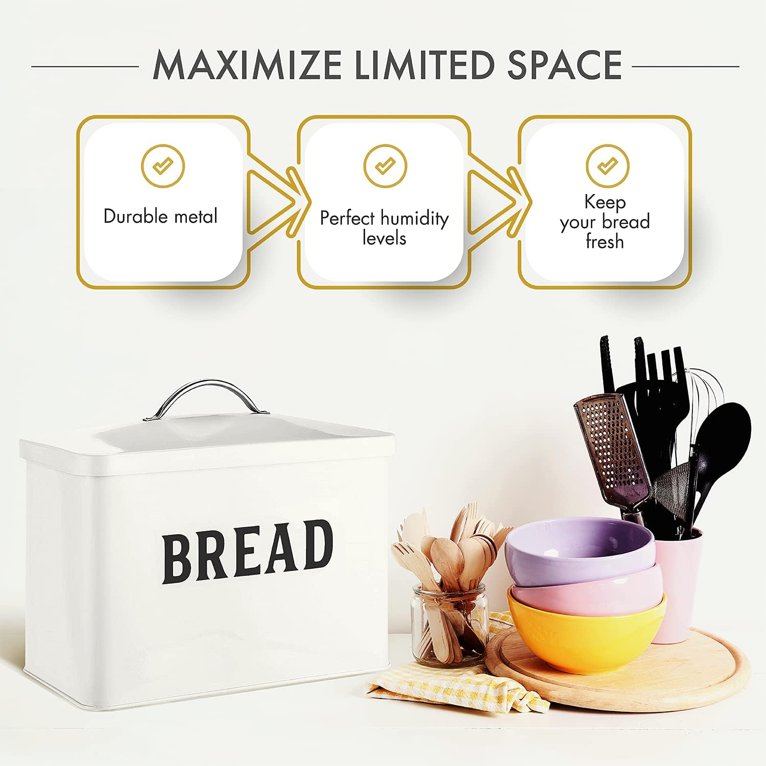 Breathe Essential - Farmhouse Bread Box For Kitchen Countertop - Extra Large Bread Tin, Holds 2+ Loaves Of Bread