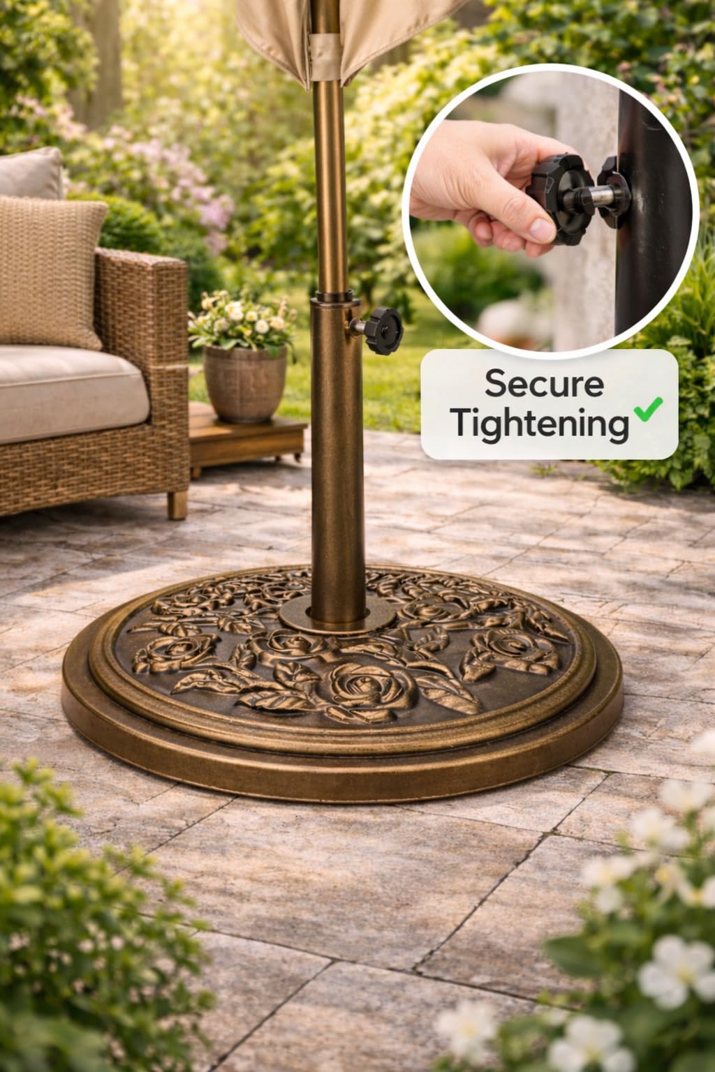 Anikees Heavy Duty Parasol Base 9kg – Cast Iron Garden Umbrella Stand with Decorative Floral Pattern, Bronze Finish for Patio, Deck & Outdoor Canopies (bronze) — view 3