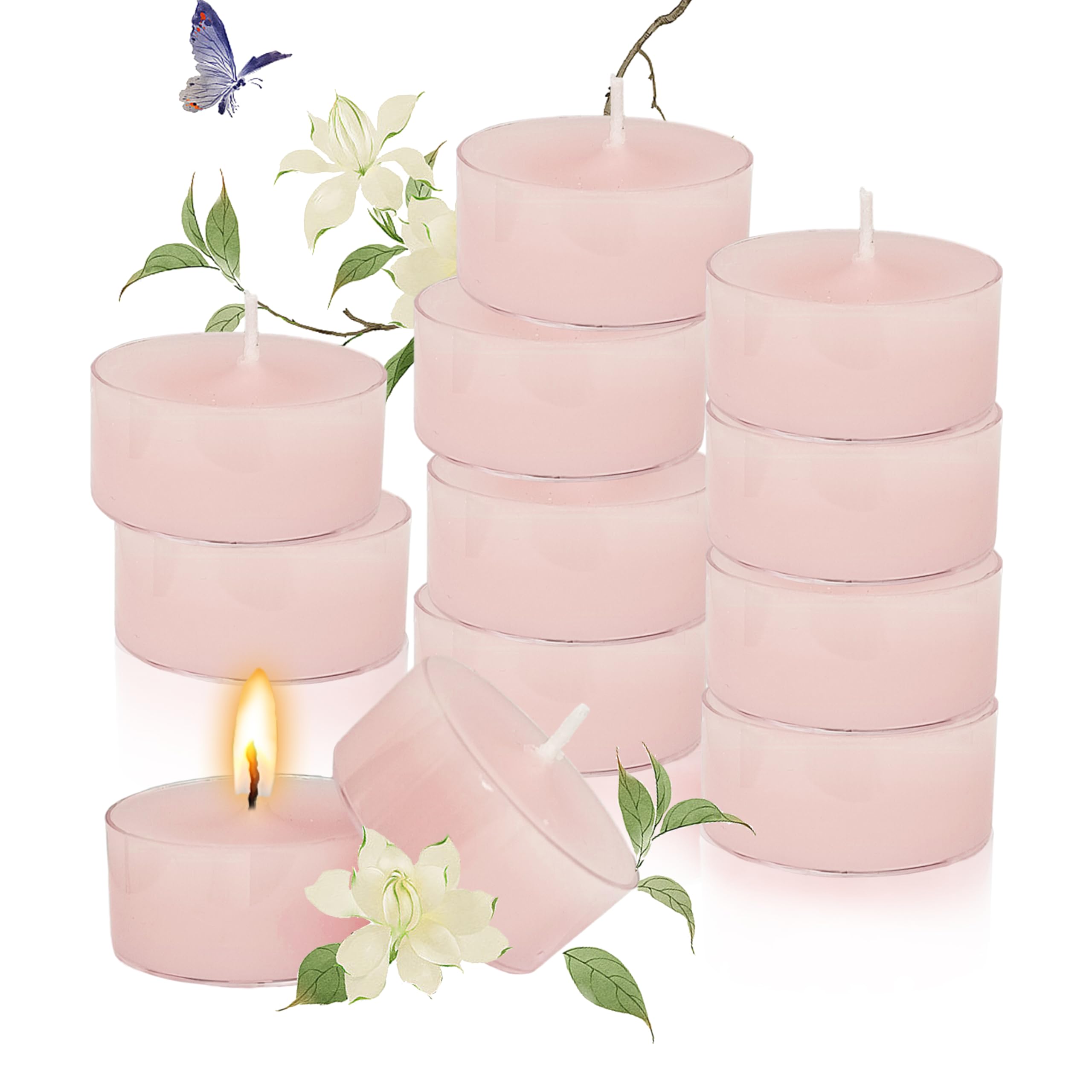 香りのティーライトキャンドル ミニアロマキャンドル 24個 円形 Tealight Candles 透明カップ蝋燭 燃焼6-7時間 家の装飾 暖茶 安息日 結婚式 緊急用 キャンドルセット (Light pink-クチナシの香り)