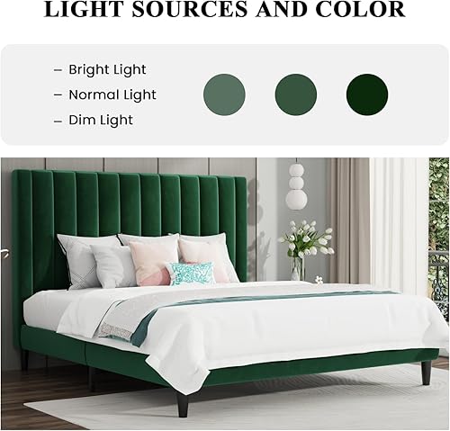 Miniatura 42 de SHA CERLIN Marco de cama matrimonial/plataforma tapizada de terciopelo con cabecero, soporte de listones de madera resistente, base de colchón, no