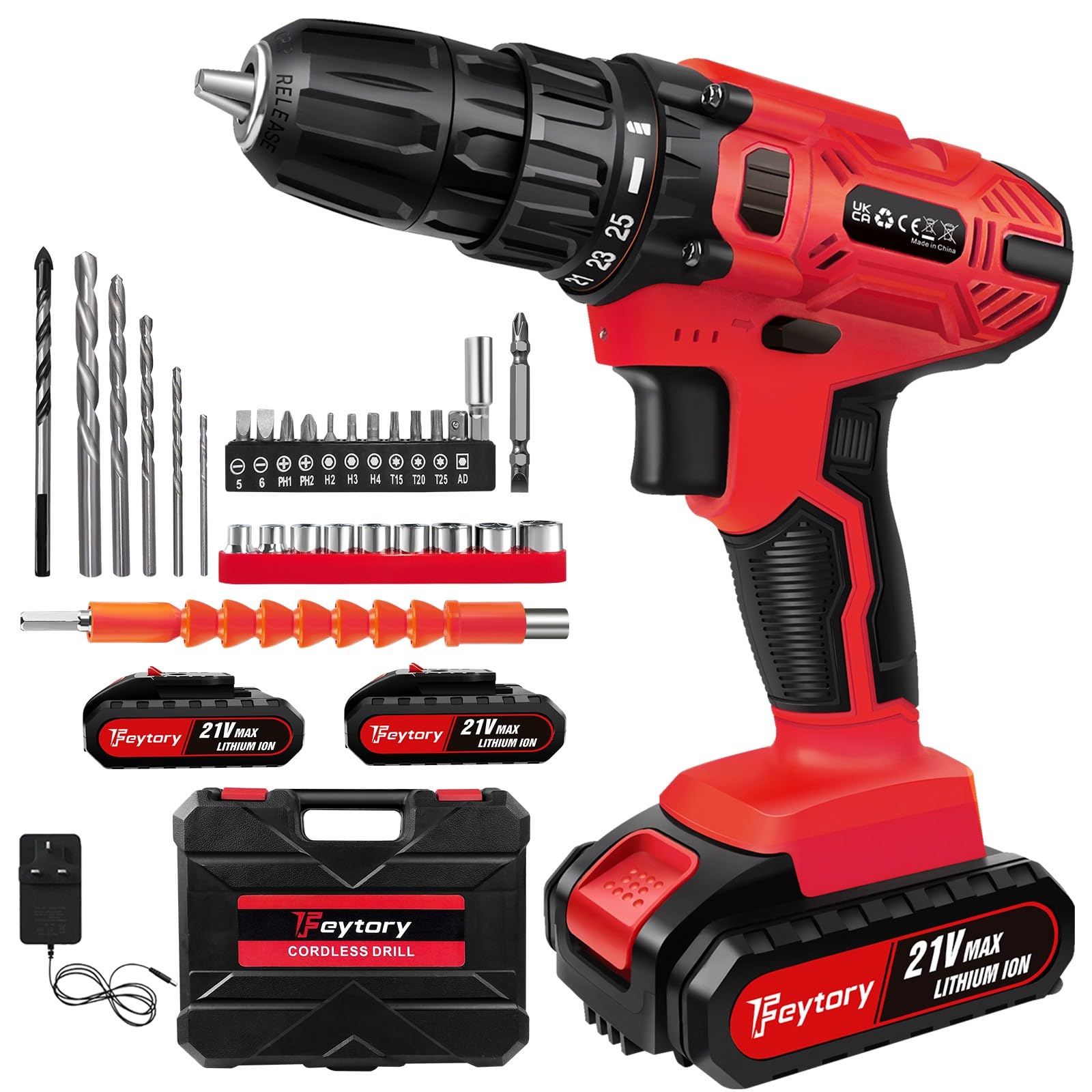 Cordless Drill Driver with 2 Batteries 1500mAh, 21V Electric Drill and Screwdriver Set Cordless, 25+1 Torque, 2 Speed, Max 45 N.m, LED Work Light, 29 Accessories Battery Power Combi Drill for Home DIY