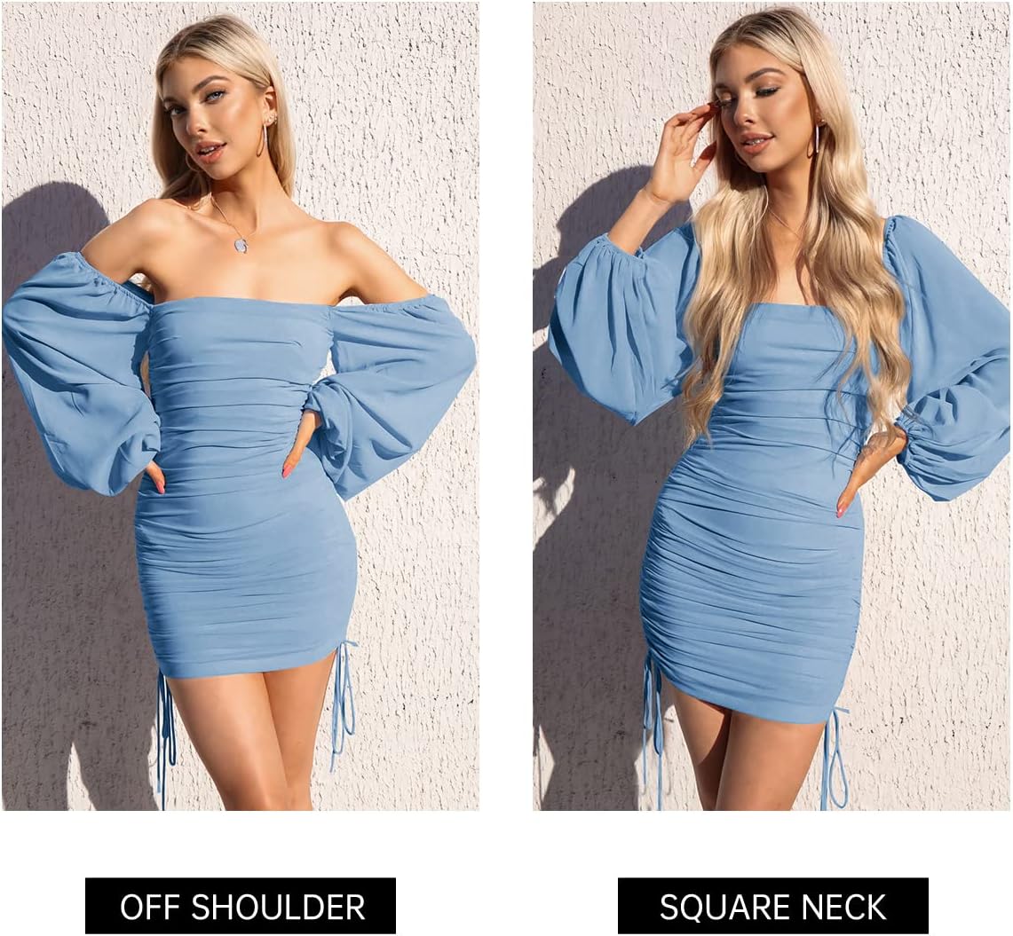 Imysty Womens Mesh Long Sleeve Square Neck Bodycon Ruched Party Cocktail Drawstring Mini Dress - Image 4