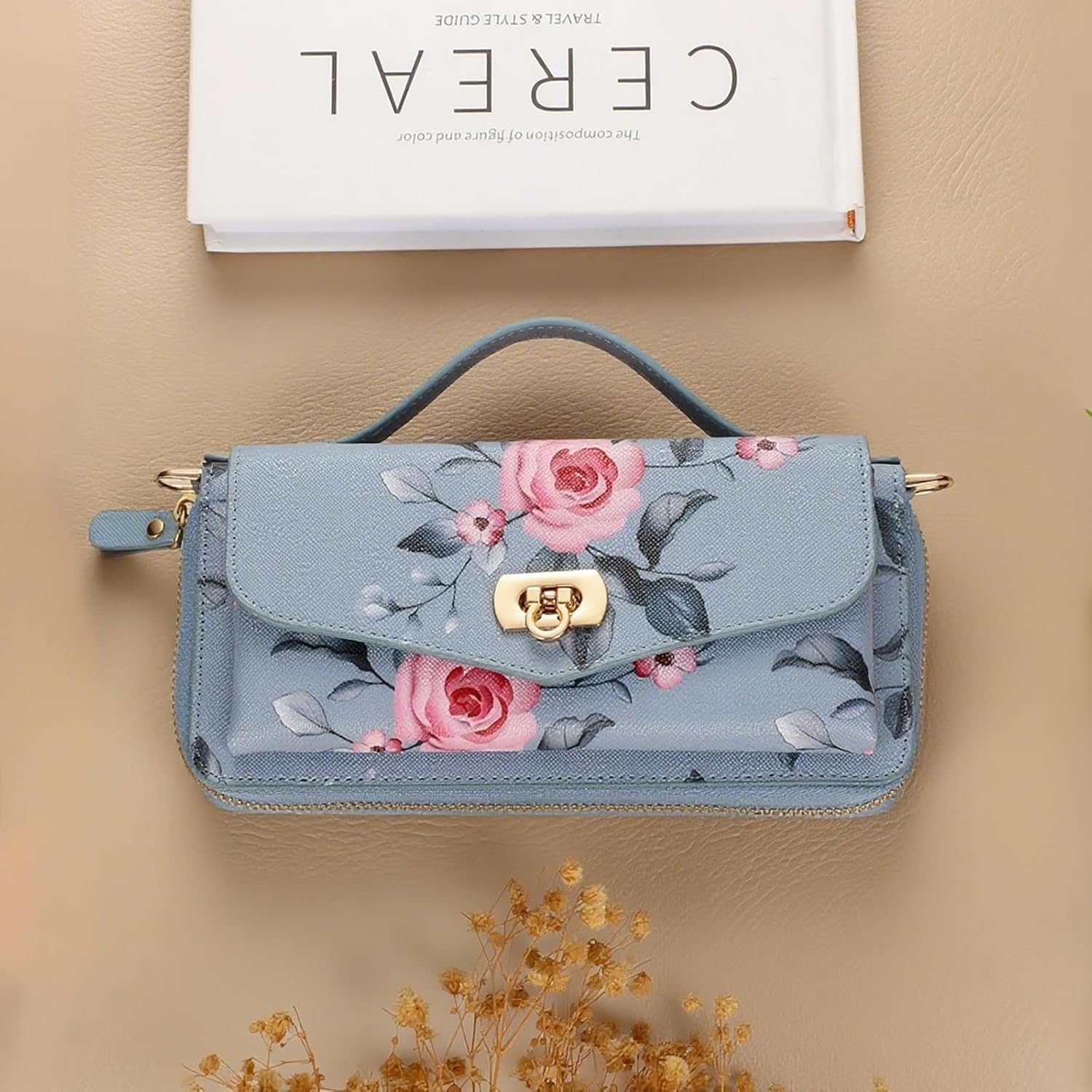 Crossbody Wallet Case for iPhone 17 Pro Max 6.9", Magnetic Detachable Floral PU Leather Phone Case with RFID Blocking Card Holder Wristlet Mirror Flip Zipper Shoulder Purse for Women - Blue - Image 7