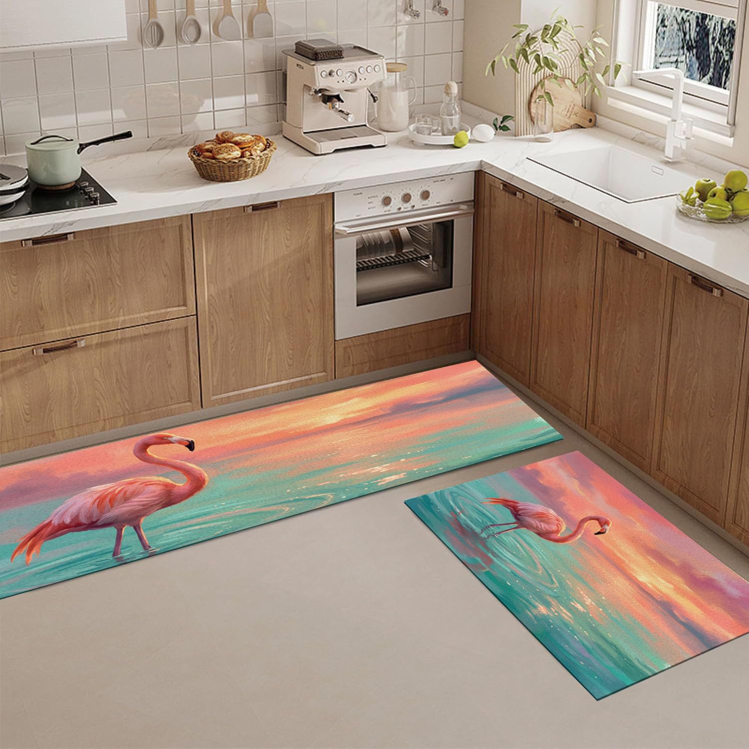 Alfombrillas de cocina lavables con flamencos, alfombra antideslizante azul claro