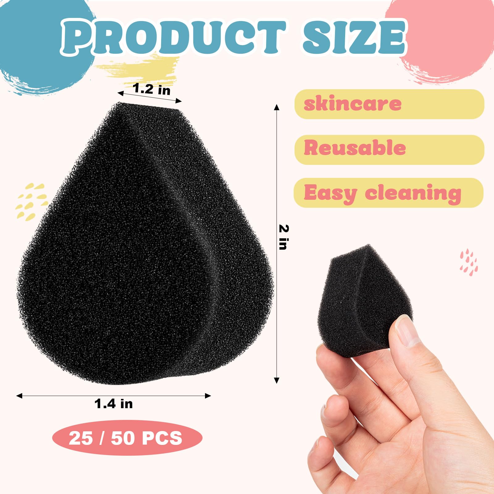 50 Pcs Face Paint Sponges for Kids and Adults Face Painting, Water Droplet Shape Face Makeup Use Paint Sponges, Black Face Painting Kit Professional for Valentine's Day Gifts, Halloween Make Up Supply