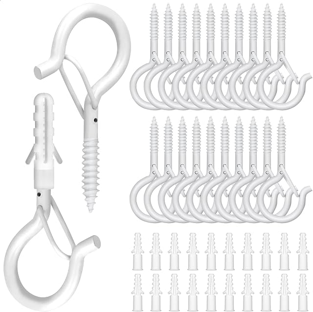 20PCS Screw in Hooks for Hanging, 2.2inch White Screw Hooks/Cup Hooks/Ceiling Hook/Garden Hooks with Safety Buckles for Outdoor Hanging Plants, Q-Hanger Screw Hooks for Christmas String Light