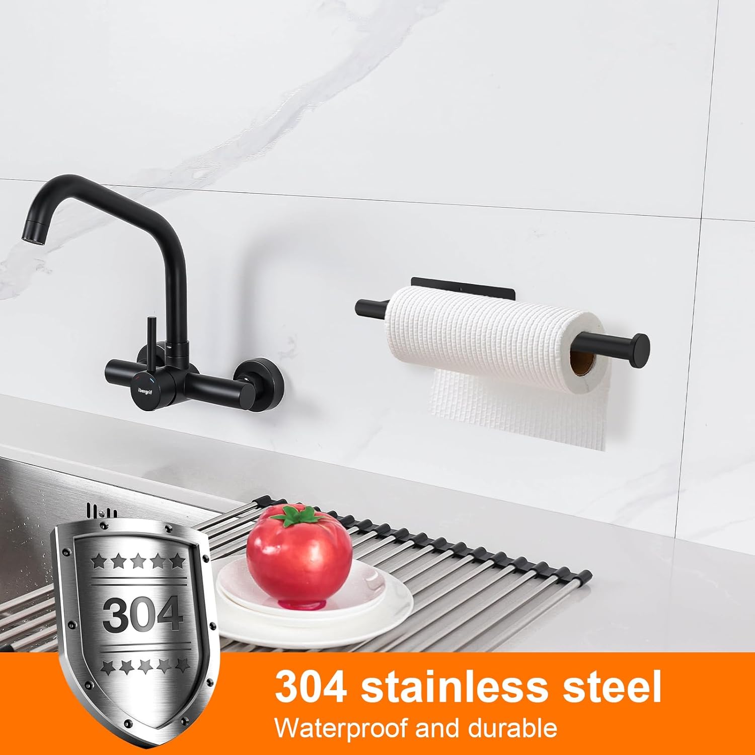 Ibergrif M34055B Kitchen Roll Holder Under Cabinet, Paper Towel Holder, Self Adhesive Kitchen Towel Rack Wall-Mounted for Bathroom, Black