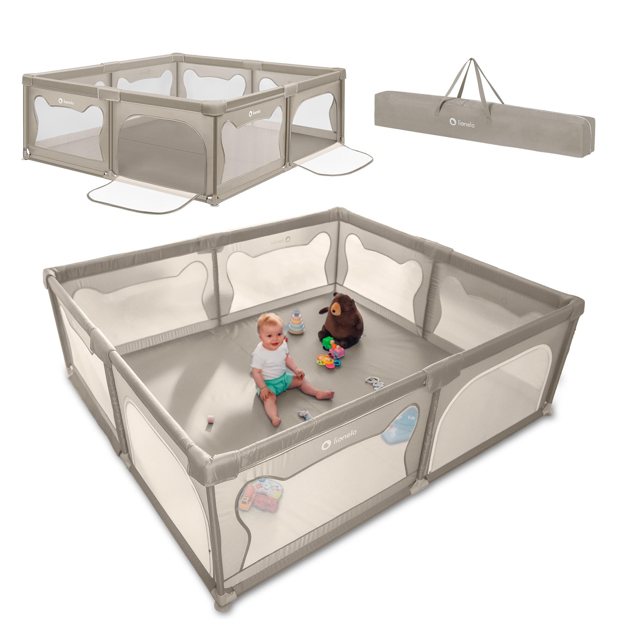 LIONELO WILLOW XL Laufgitter Baby, ab 0-48 Monaten große Fläche 187 cm x 207 cm x 68 cm, Laufgitter Baby mit Seitenwände aus atmungsaktiven Netzstoff, 2 Seitliche Eingänge mit einem Reißverschluss