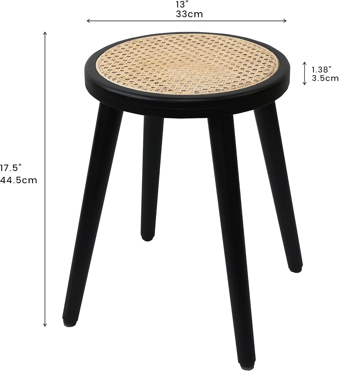 [PJ Collection] Natural Rattan Stool, Handcrafted Wood, Lightweight, Hand-Woven, No Tool Assembly (Round, Black)