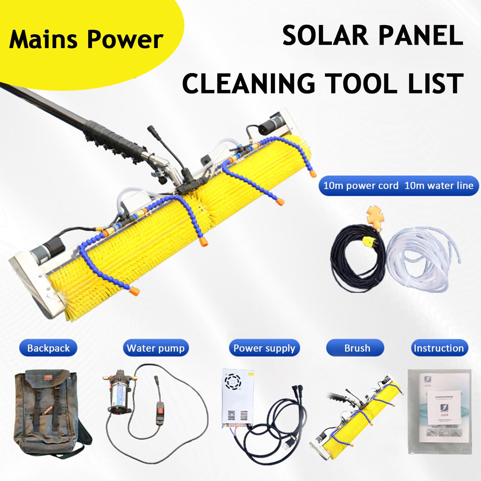 Limpia Placas Solares, Máquina de Limpieza de Lavado de Paneles fotovoltaicos con Varilla telescópica, Alimentada por Agua, Limpia Vidrios, Ideal Lavado Camiones,Cartelería,Mainspower-6m
